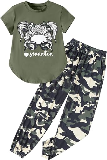 Girls Outfits Short Sleeve Irregular Tops + Camouflage Long Legging Outfits 2PCs Summer Pant Sets 6-14T
