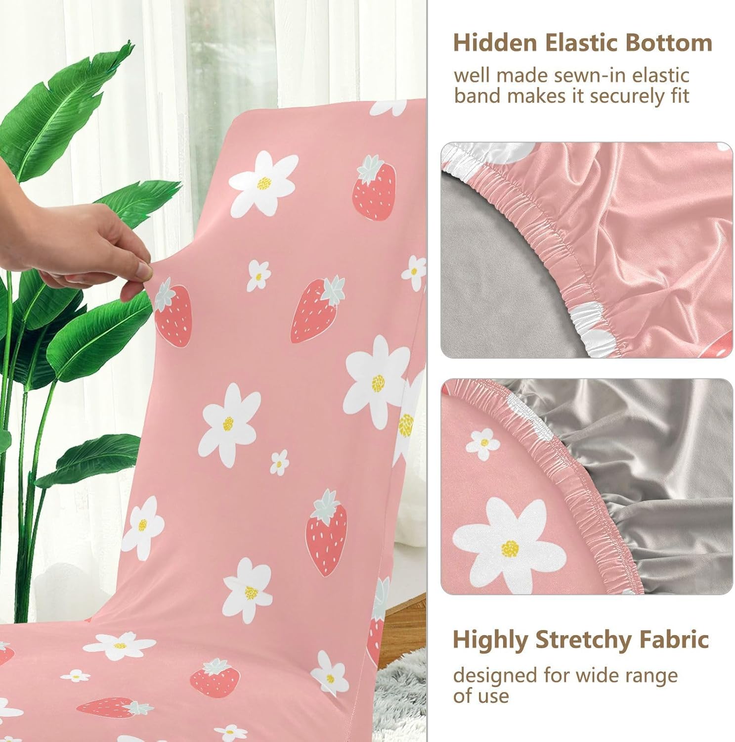ALAZA Chair Covers for Dining Room, Strawberry White Flower Pattern Stretch Chair Cover Sets Chair Protector Removable Washable for Ktichen Restaurant Hotel