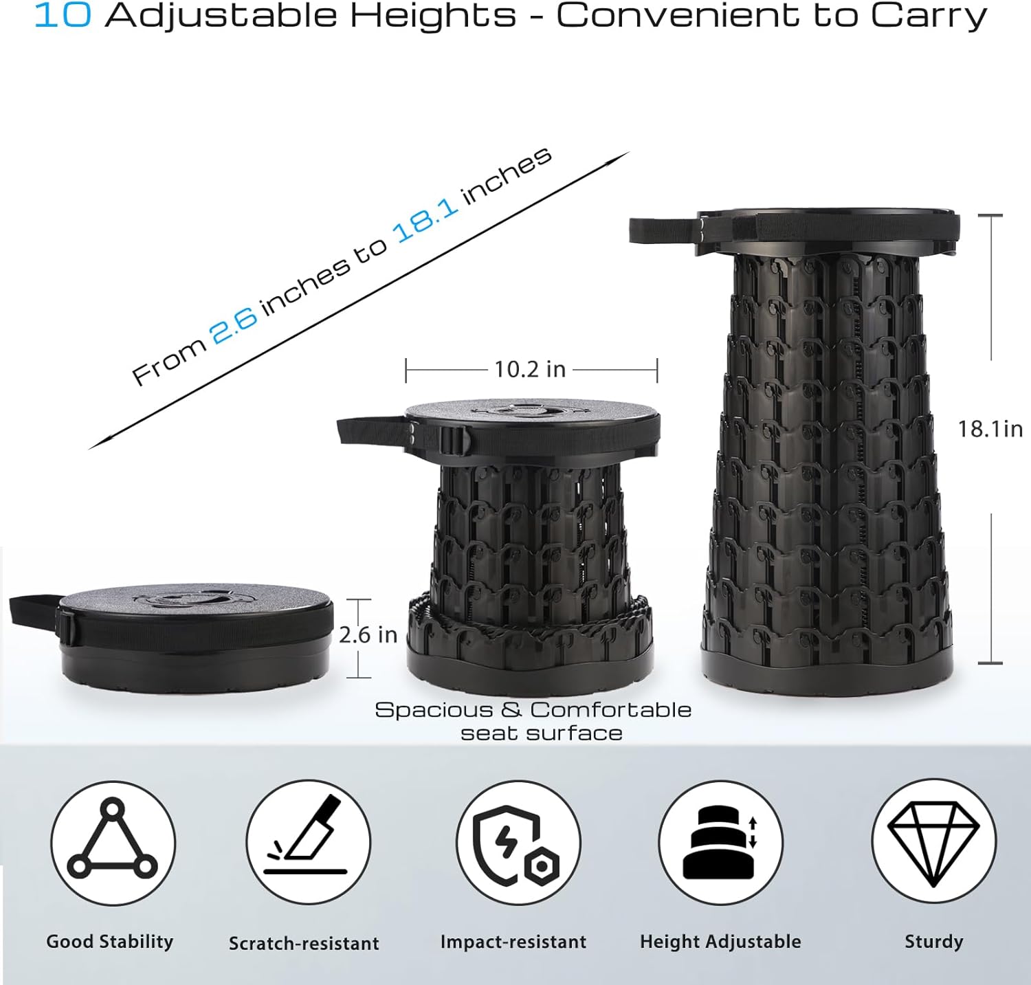 Upgraded Collapsible Stool, 800LBS Heavy Duty Portable Folding Seat, 18-Inch Lightweight Retractable Stool for Adults Camping Fishing Hiking Travel