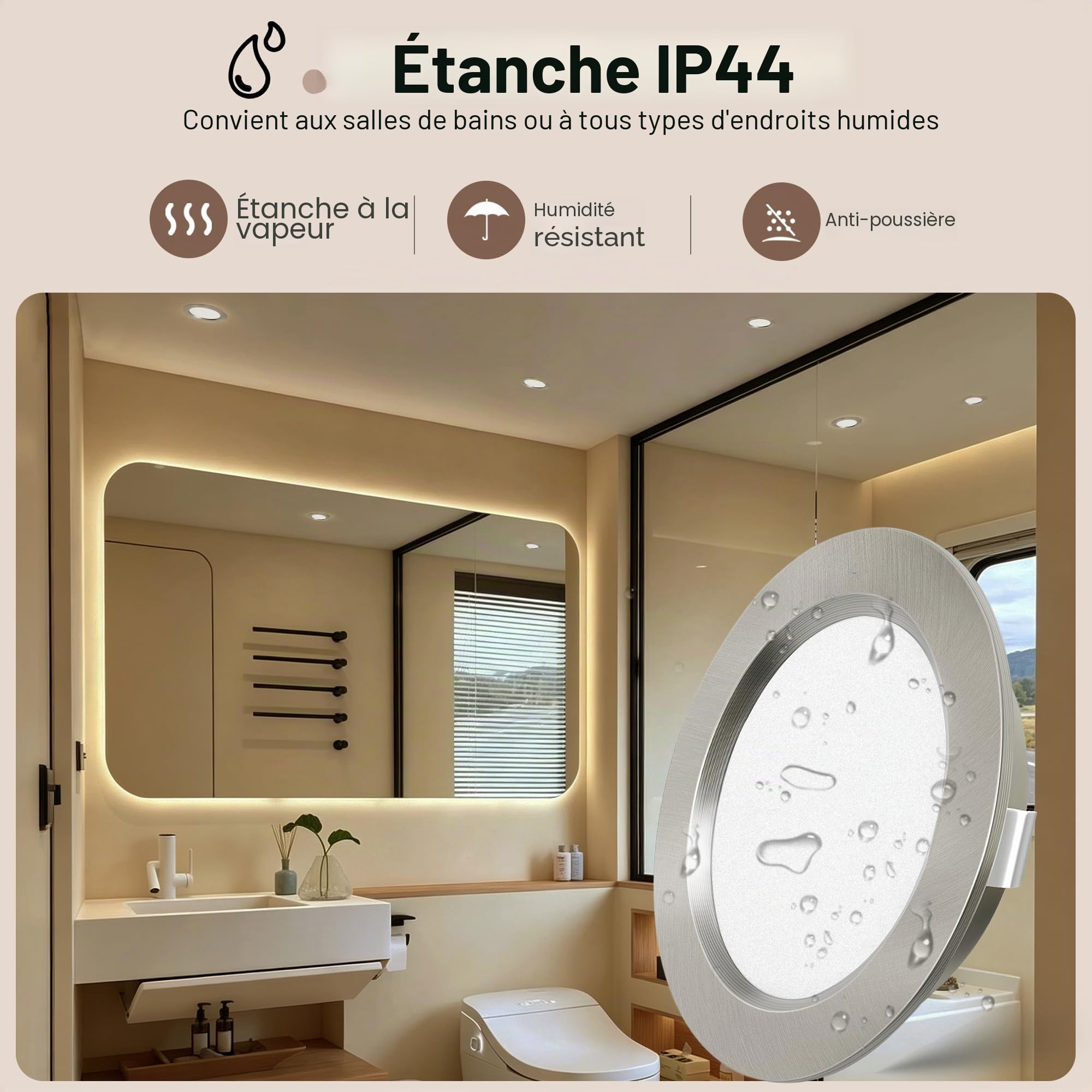 Lot de 3 Spot LED Encastrable 12V, 3000K Blanc Chaud 3.5W 330LM Alu Spots de Plafond Intensité Variable, LED Encastrable Plafond Trou 55-58mm, IP44 Plafonnier Spot pour Camper Meuble, Nickel