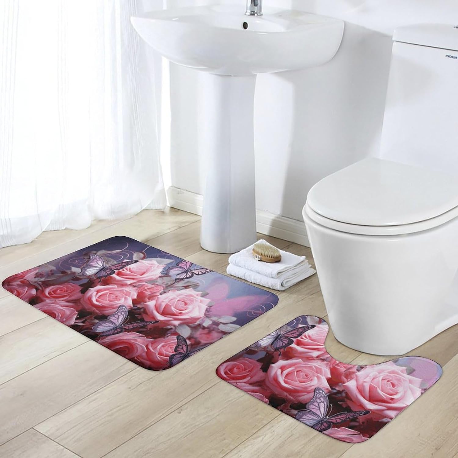 Bath Mat Set 2 Pieces Coral Velvet Bath Rug Non Slip Absorbent Microfiber Bathroom Rugs Quick Dry U-Shaped Toilet Rug Roses and Butterflies Bathmat Washable Soft Carpet