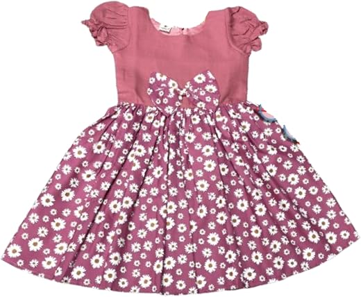 SVIGAN Girl's Cotton Blend Floral Printed Puff Sleeve Flared Dress with Bow Belt Tie