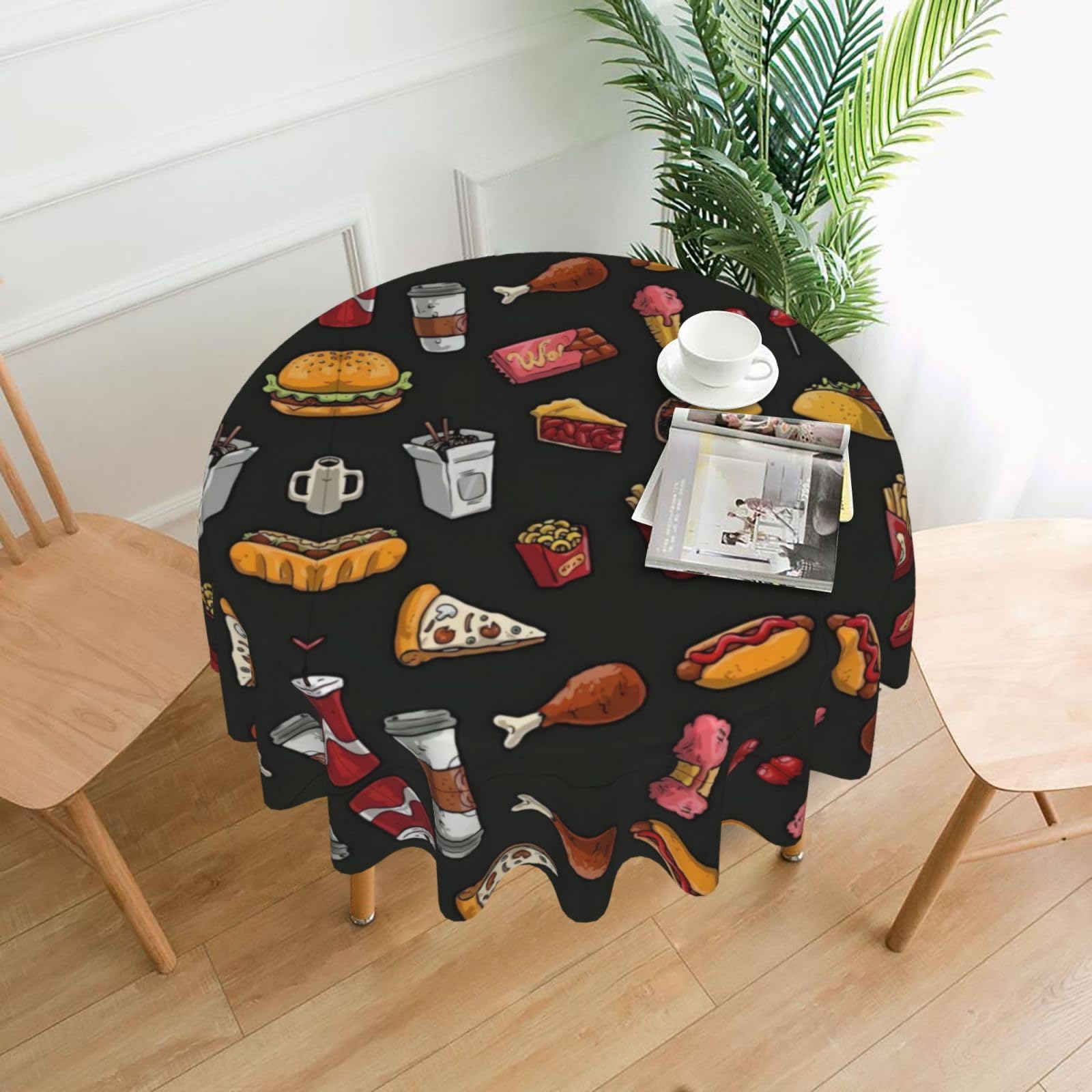 hhxvcv Chicken Leg Burger Drink Round Tablecloth – Dining Table Cover