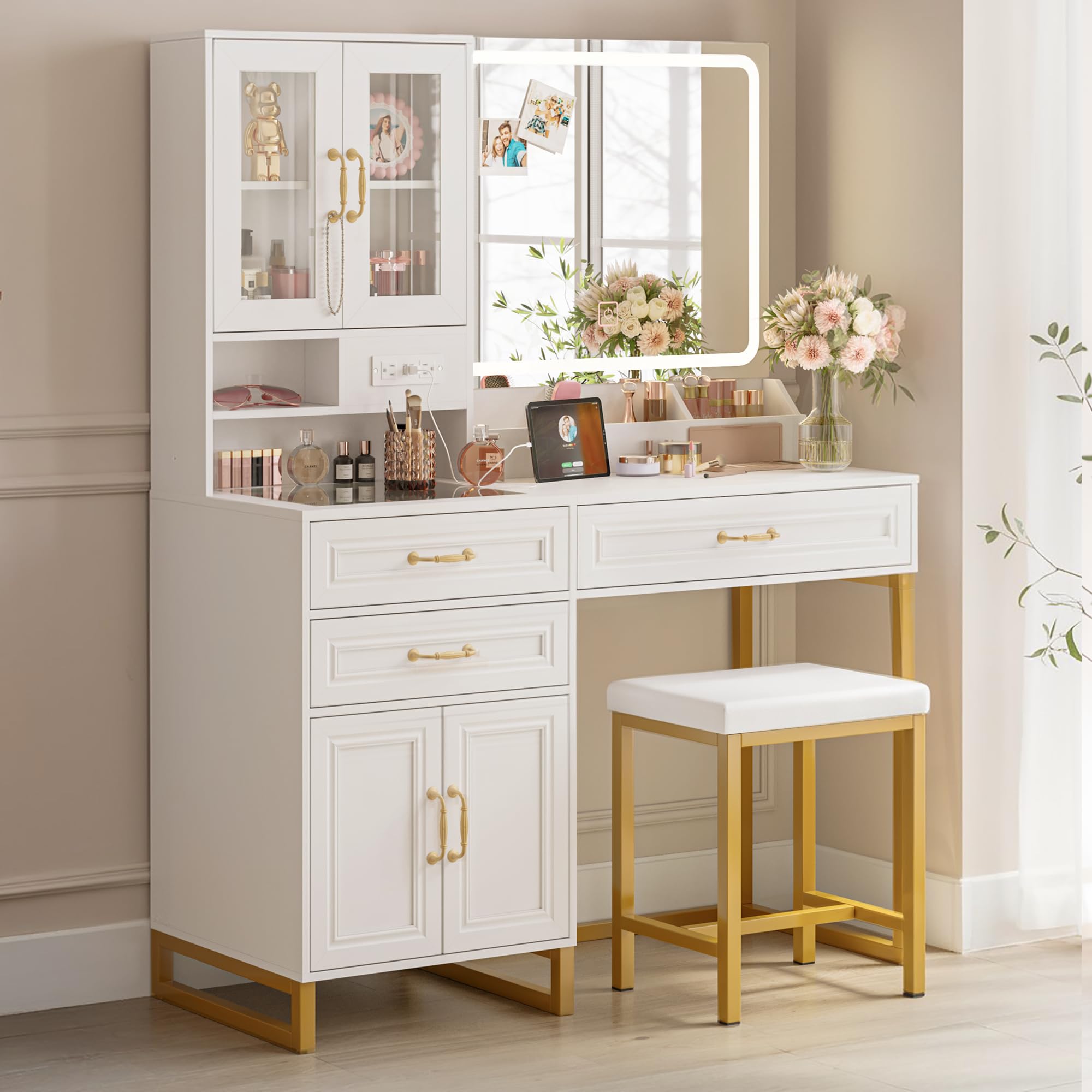 Furnaza Makeup Vanity Desk with Mirror and Lights - Vanity Table Set with Glass Top Storage Drawer and Bench for Bedroom, in White and Gold
