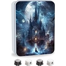 Metal Tin Box with Lid,Multi-functional Storage Box Can Store Tea Biscuits Game Cards, Playing & Tarot Cards- with 4 Magnetic Cord Clips,Mystic Castle Moonlight