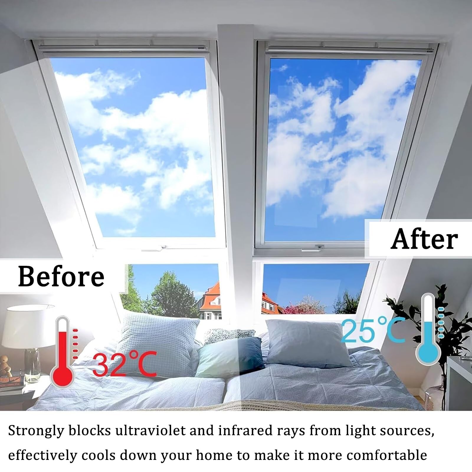 Sonnenschutzfolie Fenster Innen Oder Außen, Spiegelfolie Selbstklebend, 99% UV-Schutz Reflektierend Verspiegelt Sichtschutz-Folie Hitzeschutzfolie, UV Schutzfolie Dachfenster, 90 X 100cm(152*1000CM)