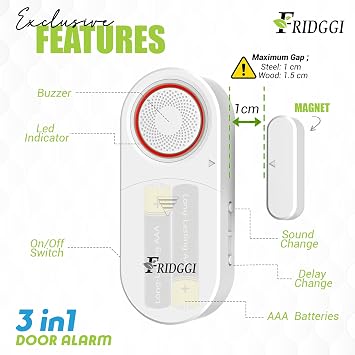 3-in-1 Alarm - Door Ajar Alarm with Delay, 0/5/10/30/60 Seconds, 2/5 Minutes, Close Door Reminder, 80 to 120 dB, Time Delay Door Chime When Left Open for Freezer, Home, Shop (Pack 2)