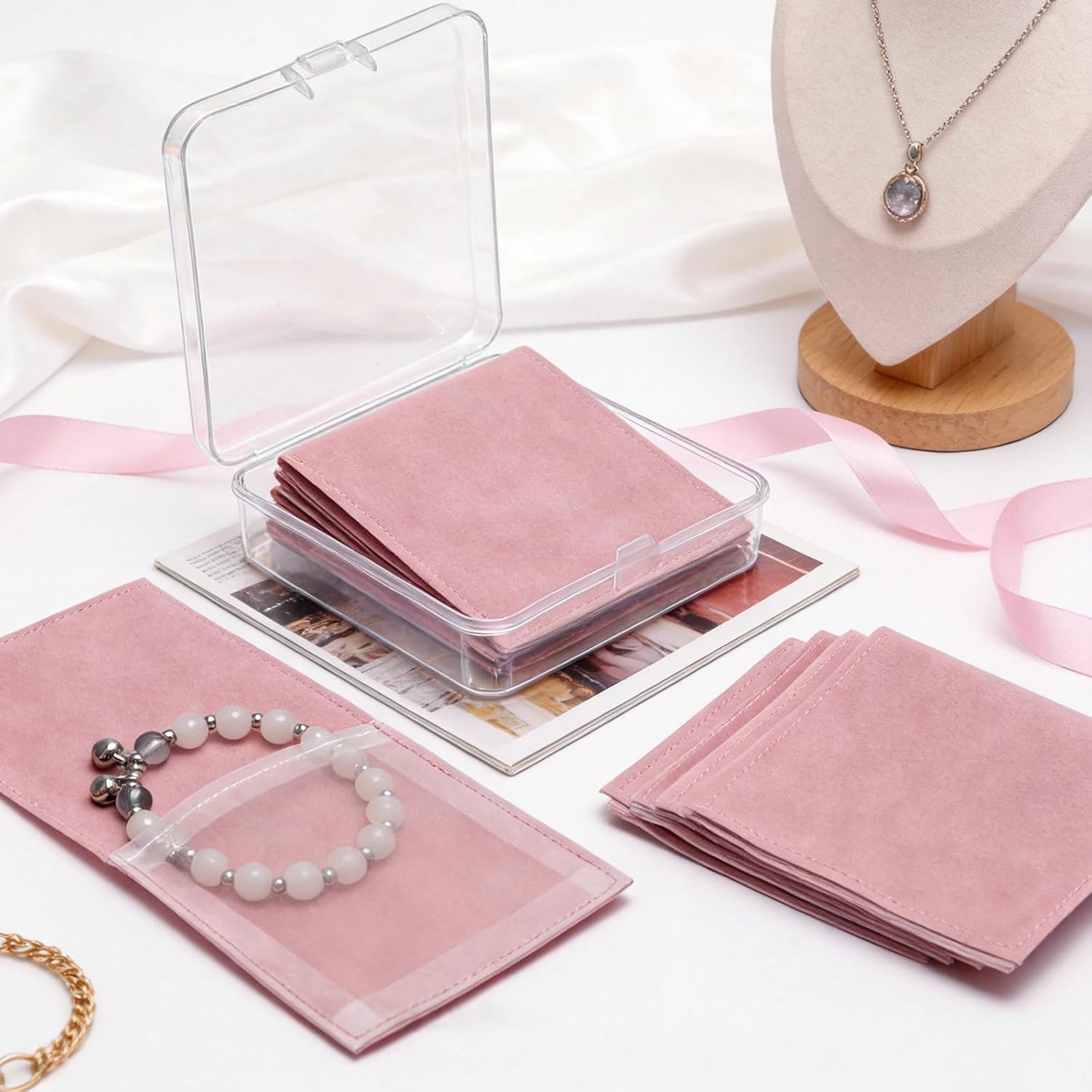 5 PCS 3.15x3.15 In Jewelry Packaging Microfiber Jewelry Pouch，Jewelry Pouch with 3.7x3.7 Packaging Box ，Luxury Gift Fixed Strap Envelope Style Packaging for Earrings Necklace Packaging (Pink)