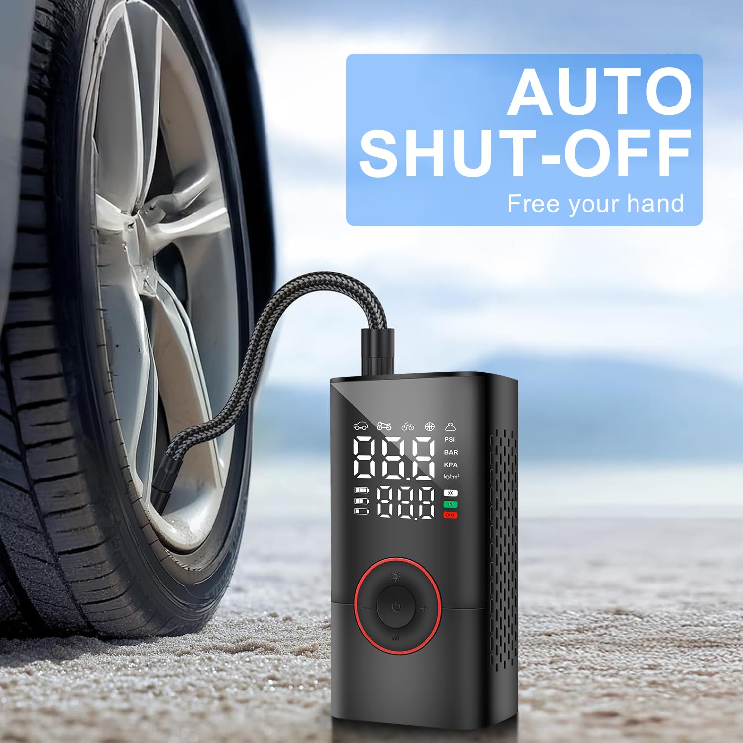 COOLMAN - Inflador de neumáticos portátil, 150 PSI, bomba eléctrica inalámbrica para bicicleta, inflador de neumáticos portátil con medidor de presión LCD y luz LED, ideal para coches, bicicletas