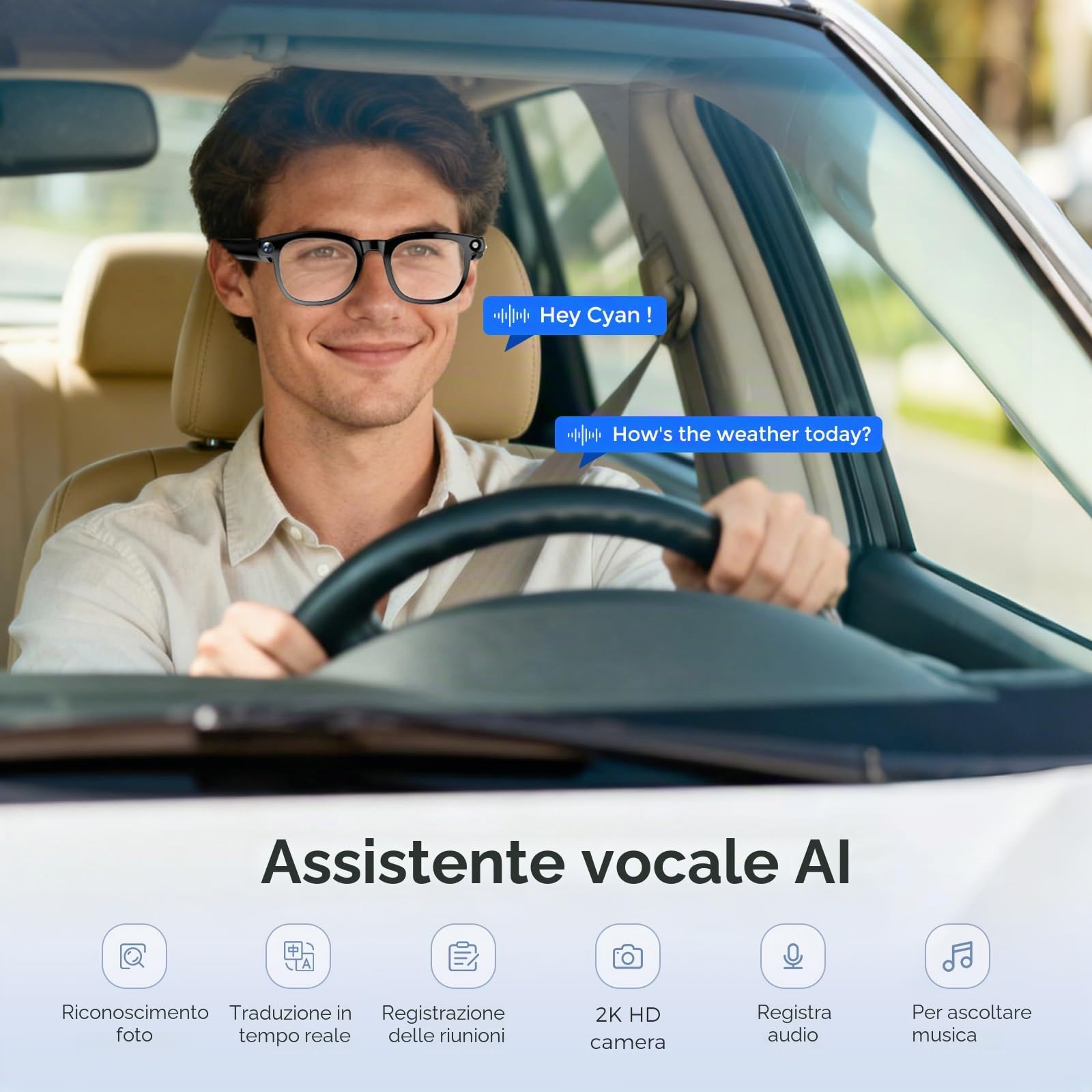 Occhiali Intelligenti AI,Equipaggiati con Fotocamera 8 Megapixel e ChatGpt,Supporta Registrazione Vivavoce Bluetooth 5.3,Traduzione in Tempo Reale da IA