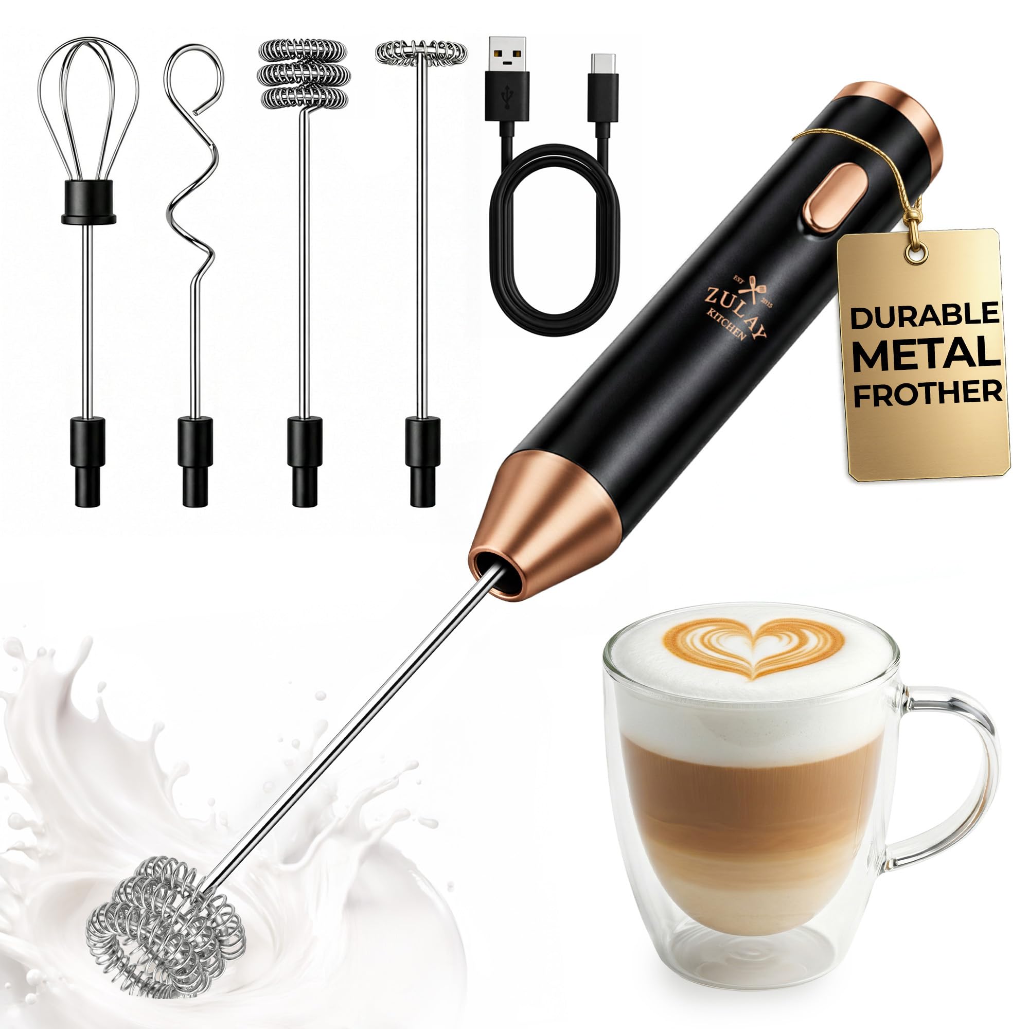 Zulay Kitchen Rechargeable Milk Frother Handheld - Frother Wand, Drink Mixer, Electric Whisk Frother, for Cappuccinos, Matcha &amp; Protein Powder - Ultra Metal 4 Whisk, 1800mAh Black Copper