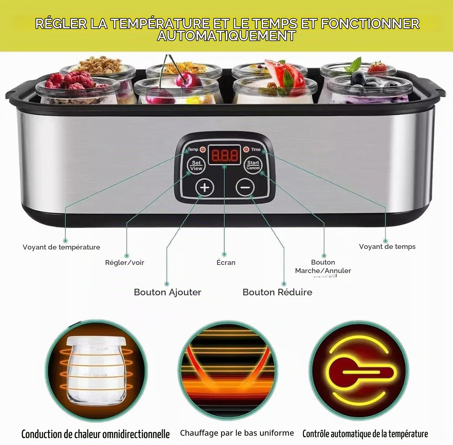 Yaourtière, yaourtière numérique automatique, machine à yaourt grec avec température et minuterie, avec 9 gobelets de yaourt de 170 ml, parfait pour yaourt bio à la maison, sans BPA, 40 W, blanc