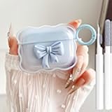 OTOPO Compatible Cute JBL Vibe Beam/Beam 2 Clear Case, Girly 3D Bow Design Soft TPU Protective Shockproof Kawaii Vibe Beam 2/ 200TWS Cover with Cleaner Kit & Keychain Girls Women SkyBlue