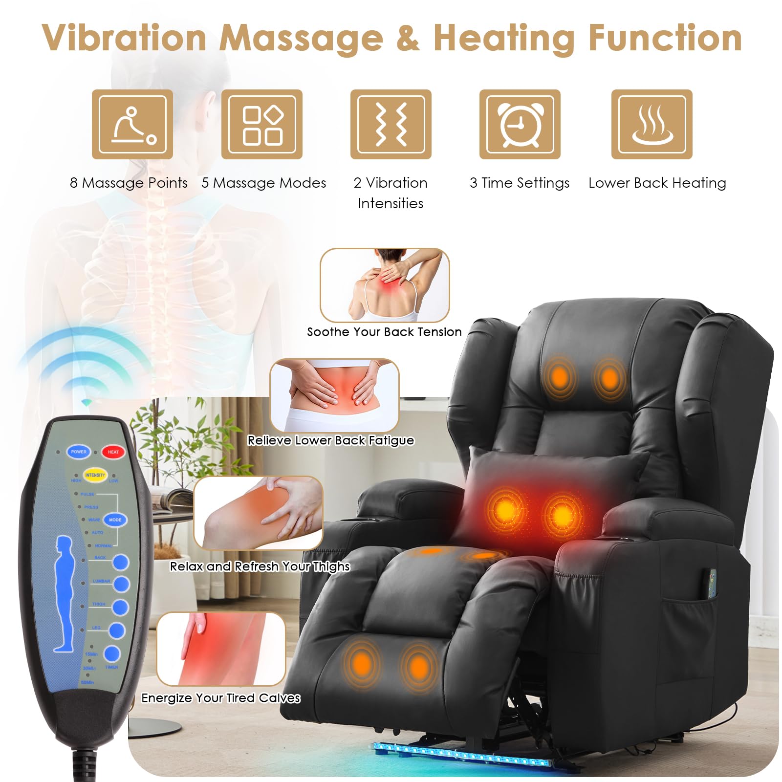SAMERY Relaxsessel Elektrisch Massagesessel Fernsehsessel mit Liegefunktion Vibration Heizung, Relaxsessel & -liegen mit LED/USB, Kinosessel TV Sessel Wohnzimmer Schlafzimmer Schwarz 7815-3 Kartons