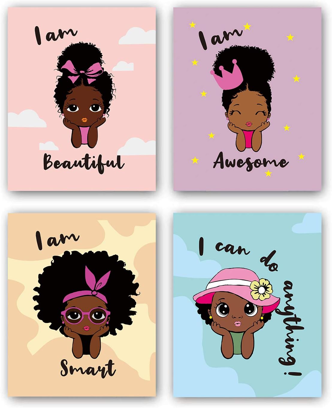 Black Girl Wall Art,Motivational Black Girl Wall Art,African American Girl Art Painting,Inspirational Black Girl Wall Art,Decor for Girls Bedroom,Wall Art for Girls Bedroom, Set of 4 - No Frame,8"x10"