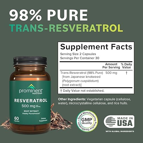 Miniatura 2 de Prominent Nutrition Suplemento de resveratrol, antienvejecimiento y apoyo inmunológico, suplemento de trans-resveratrol 98% puro, 500 mg, suministro