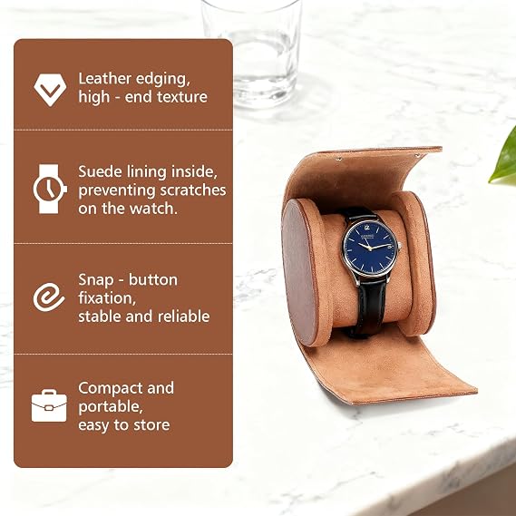 Leather Watch Roll Single Travel Watch Case,Watch Box for Men Women PU Leather Watch display Case,Holder,Organiser for Travel & Storage Brown
