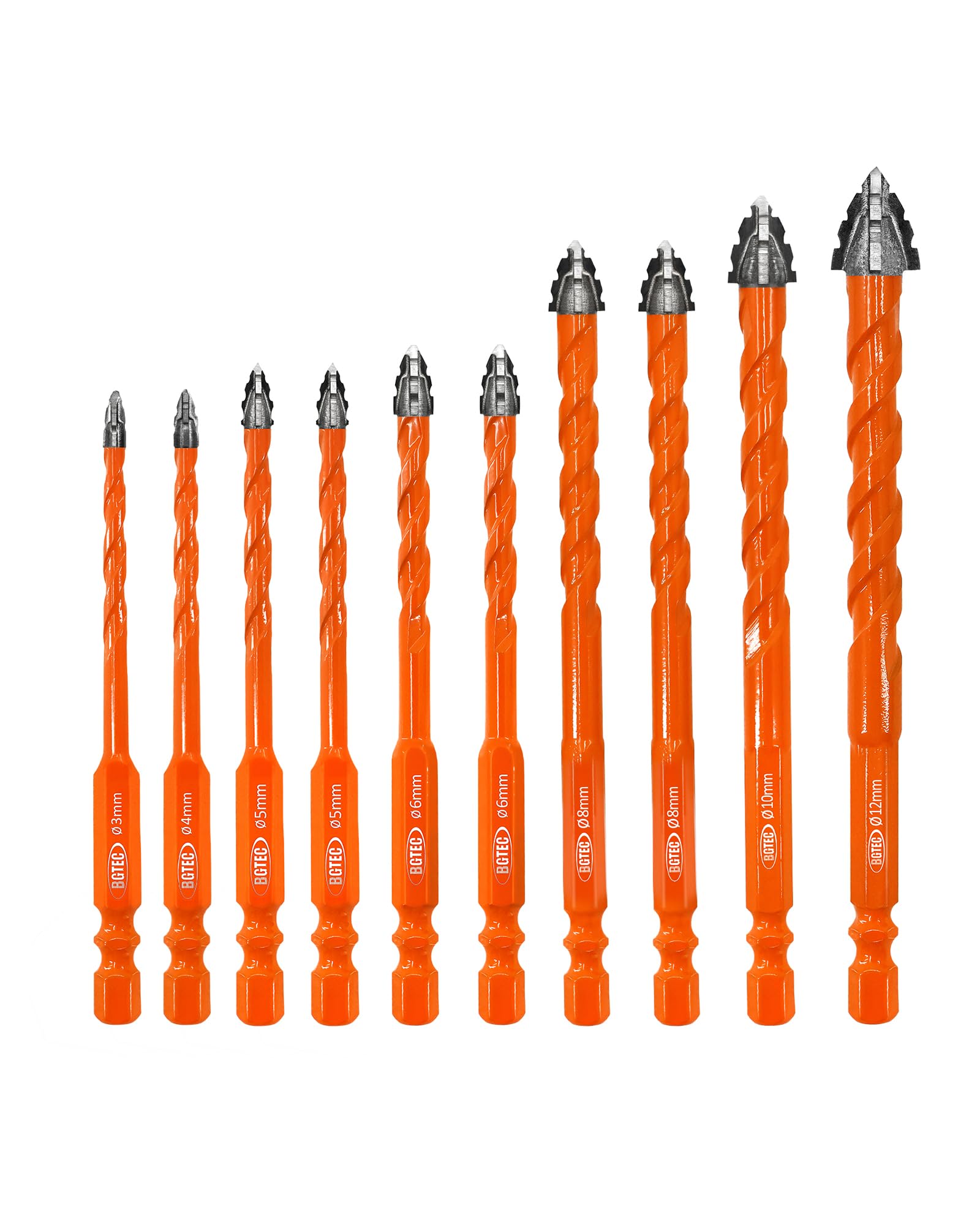 BGTEC Juego de Brocas de Carburo para Mampostería - 10 Piezas Ø 3-12 mm Professional Brocas Porcelanico Set para Madera, Plástico, Ladrillo, Cerámica, Vidrio, Hormigón y Mármol