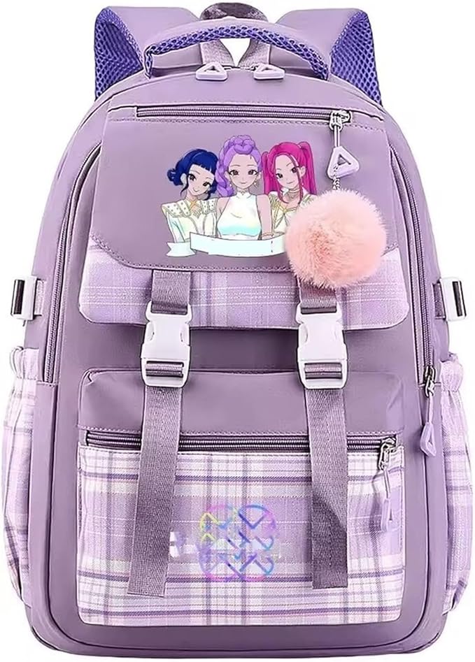 KPop Demon Hunters school backpack showing character-themed design with multiple compartments