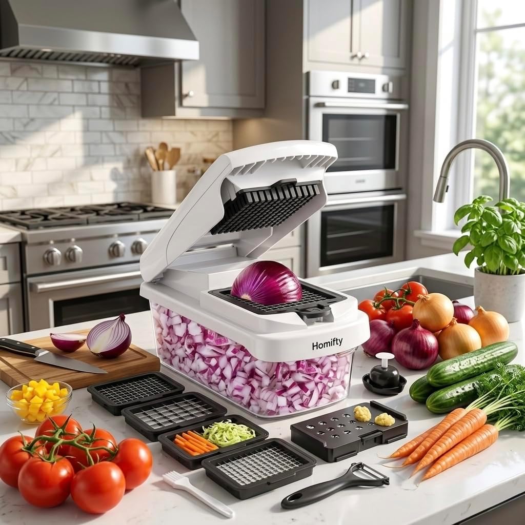 Homifty-Vegetable Chopper 18-in-1 – Set with Interchangeable Stainless Steel Blades, Food Dicer and Slicer with Container, Onion Cutter, BPA Free, Dishwasher Safe