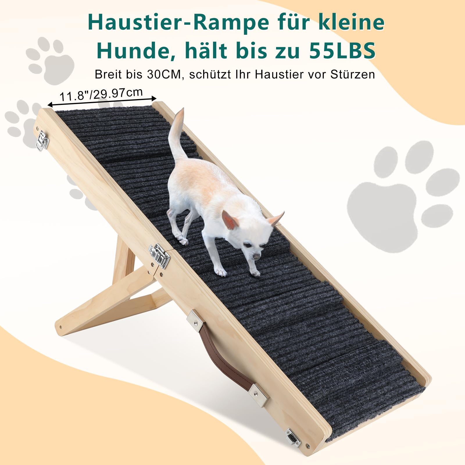 Rampa per cani di piccola taglia e anziani, rampa per cani, 4 altezze regolabili da 25 cm a 48 cm, con tappetino antiscivolo, in legno, pieghevole, per letto o divano