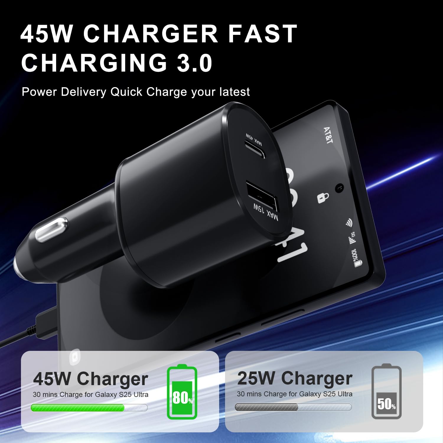 Cargador de coche dual súper rápido (45 W + 15 W), doble puerto USB-C y USB-A blanco, cable de 6.5 pies para Samsung S25, S24, S23, S22, color negro