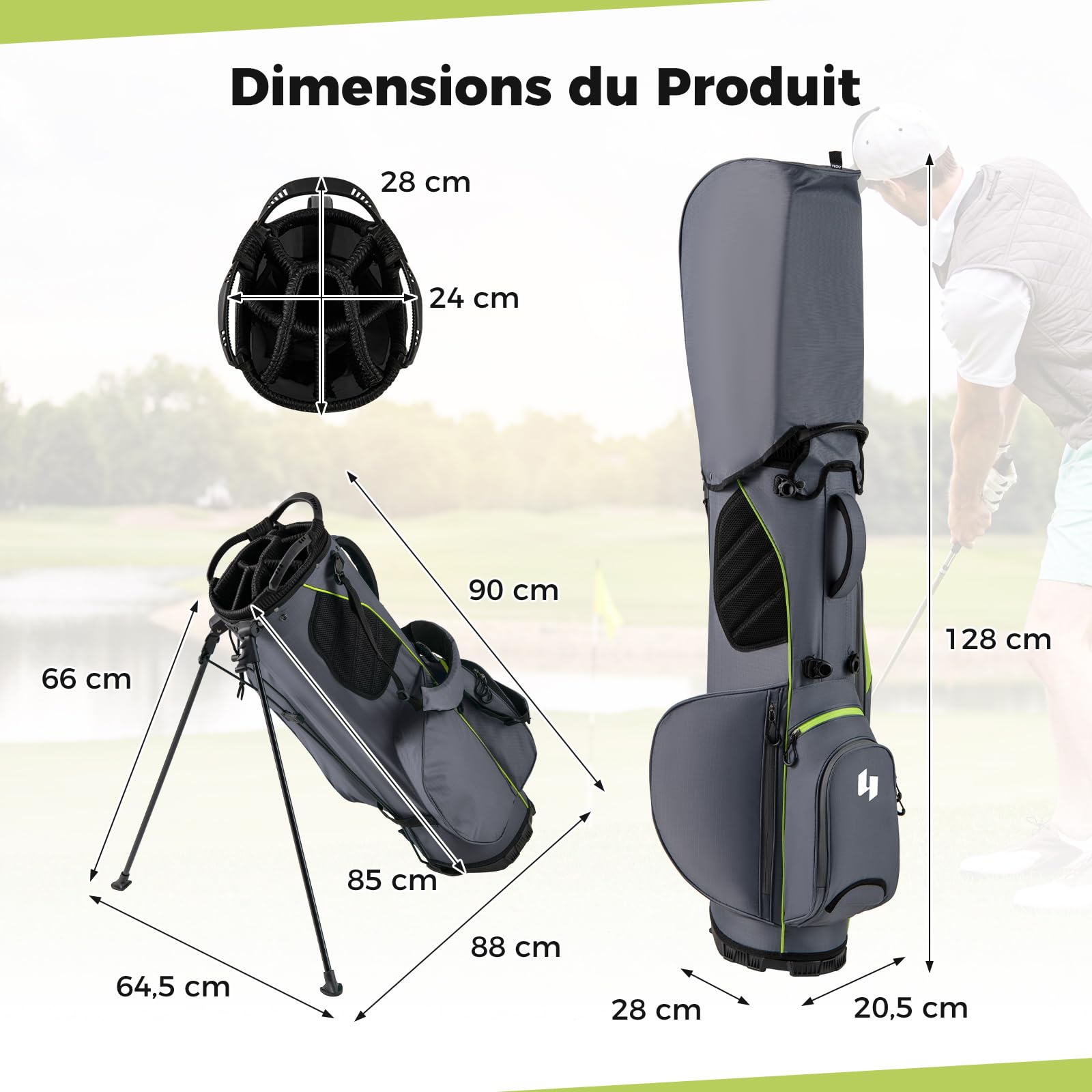 COSTWAY Sac de Golf Léger avec 8 Compartiments Supérieurs et 5 Poches Zippées, Sac de Club de Golf Portable avec Bandoulière Réglable Housse de Pluie et Porte-Parapluie pour Femmes/Hommes