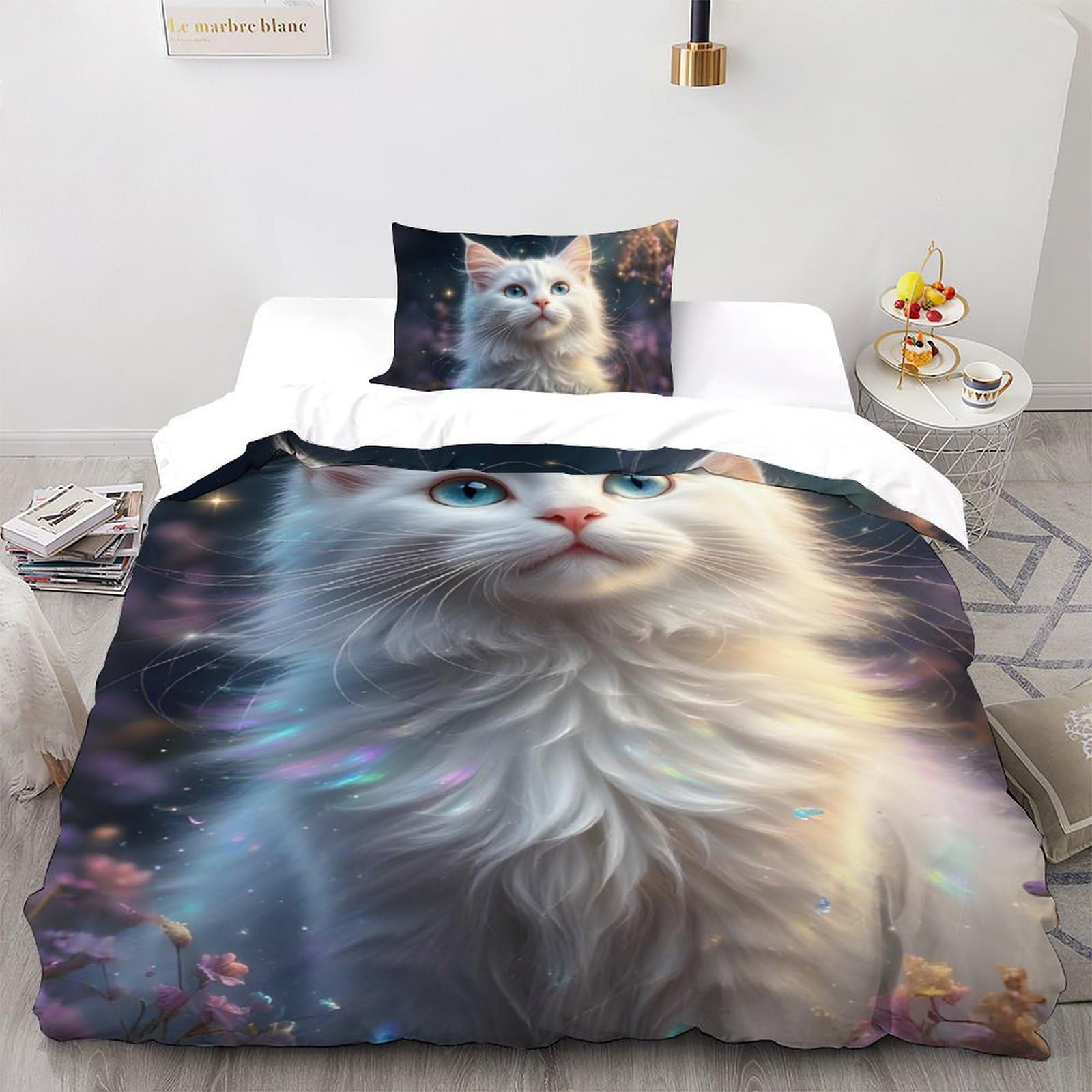 SHOVERKD 3D Printed White Fluffy Cat Quilt Cover Cute Animal Bedding Set 2 Pieces Soft Microfiber with Pillowcases,Hidden Zipper for Kid Teens Single（135x200cm） Modern Home Decor