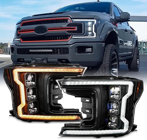 AKKON - Compatible con Ford F150 2018 2019 2020 [LED completo] Modelo halógeno negro con tira de señal LED secuencial Switchback Proyector Faros