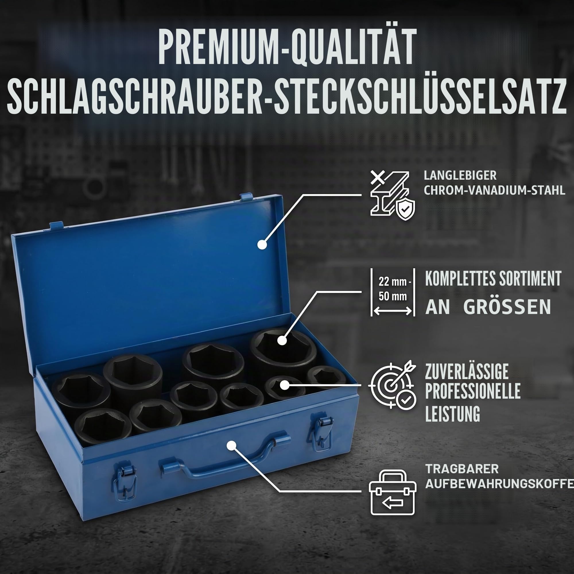 Schlagschrauber Nüsse Set, 10 Stück, 2,5 Cm (1 Zoll) Mini-Ratschensatz, Metrisch, Tief, Lange Reichweite, Tiefe Stecknüsse, Metrisch 22/24/27/30/32/36/38/41/46/50 mm