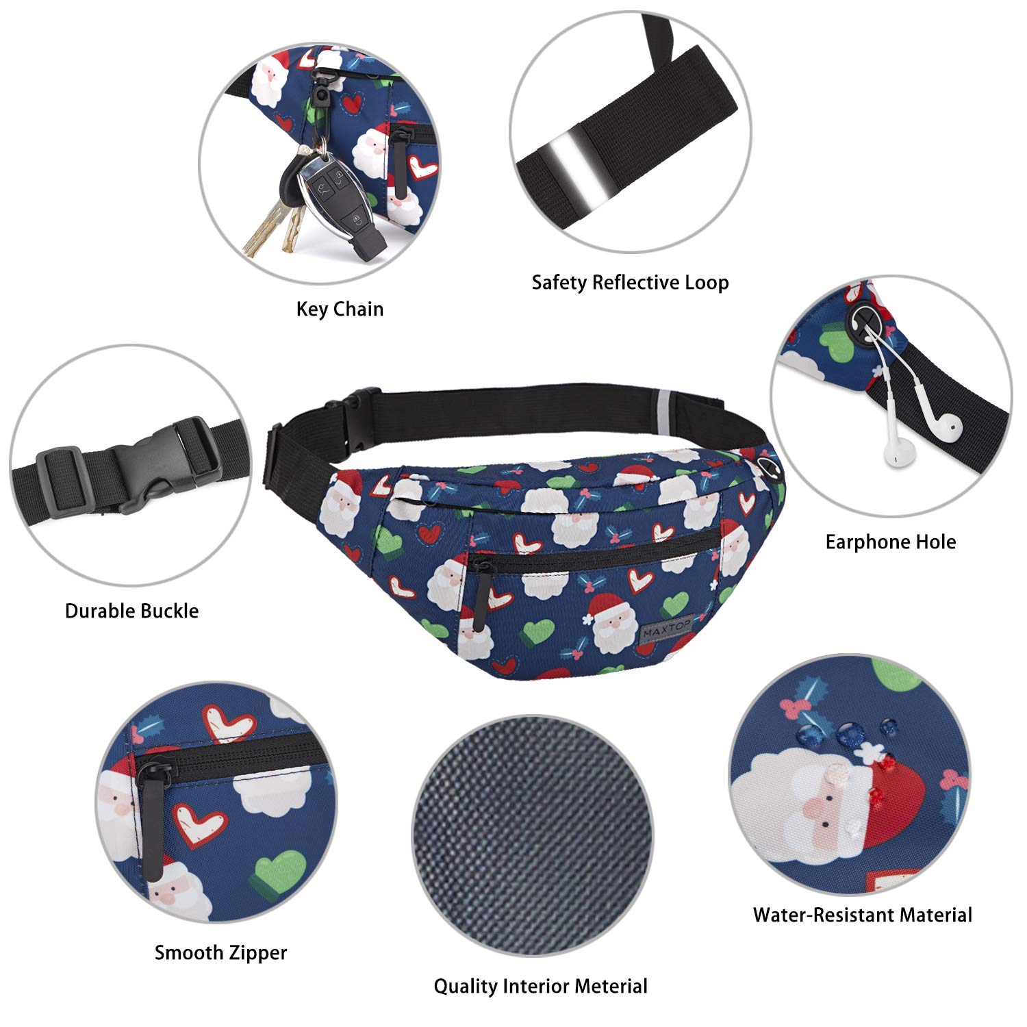 MAXTOP Marsupio Uomo Donna Unisex, Marsupio Impermeabile, con Jack per Cuffie e 4 Tasche con Cerniera, Cintura Regolabile per Allenamento all'aperto, Escursionismo