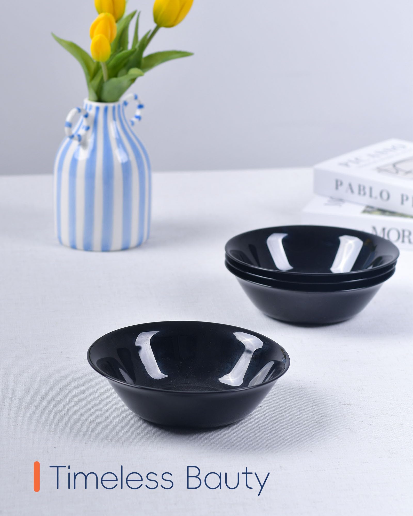 LaGlint Set di 6 Ciotole per Cereali 473ml, Vetro Opale Nero, 16,5cm - Ciotole Rotonde Adatte a Zuppa, Insalata, Riso, Lavastoviglie e Microonde