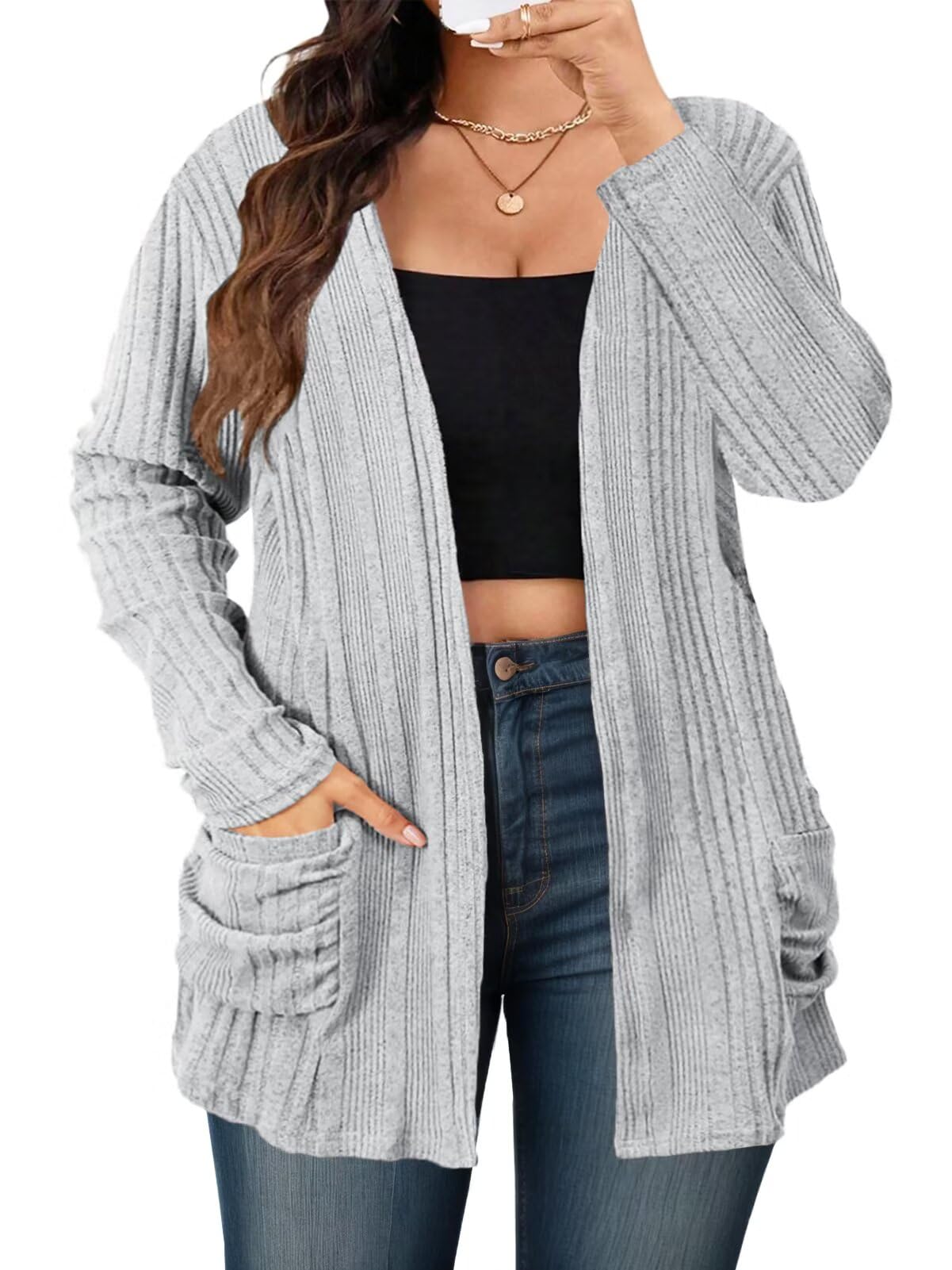 DOLNINE Plus-Size-Cardigans for Women Trendy Casual Lightweight Open Front Cardigan Sweaters Outerwear with Pockets