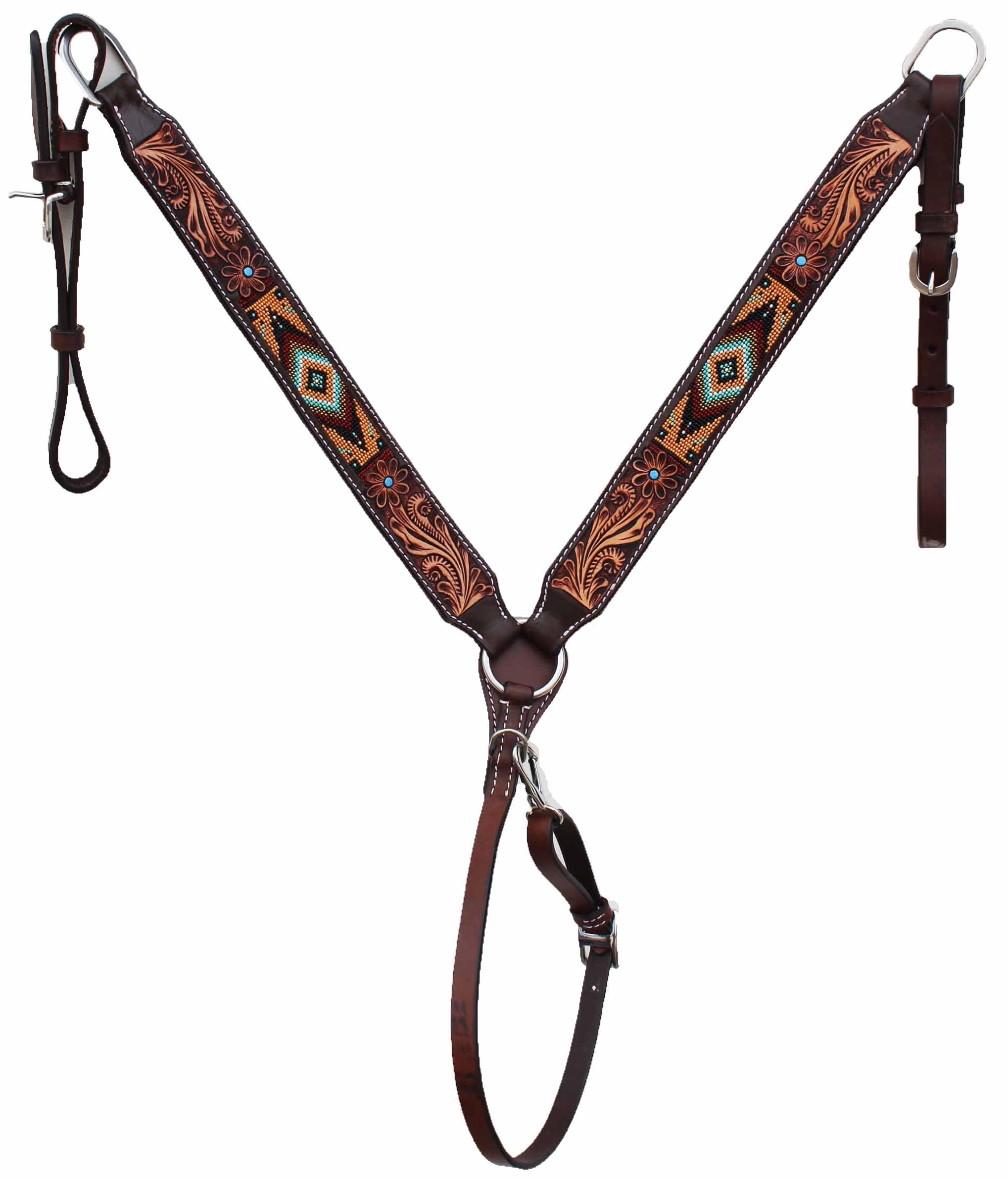 CHALLENGER Horse Show Bridle Western Leather Western Antique Floral Tooled Leather Beaded Bridle Breast Collar Tack 79RS03B