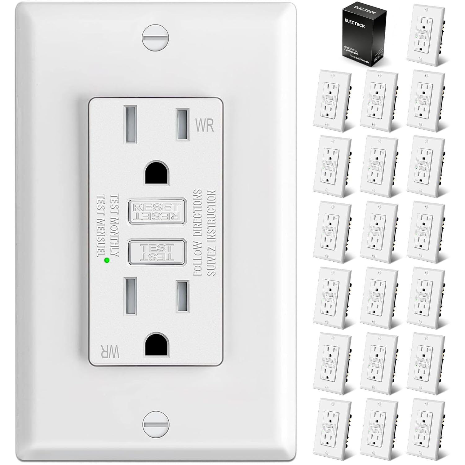 ELECTECK 20 Pack GFCI Outlets 15 Amp, Outdoor Weather Resistant (WR), Ultra Slim GFI Receptacles with LED Indicator, Ground Fault Circuit Interrupter, Wallplate Included, ETL Listed, White