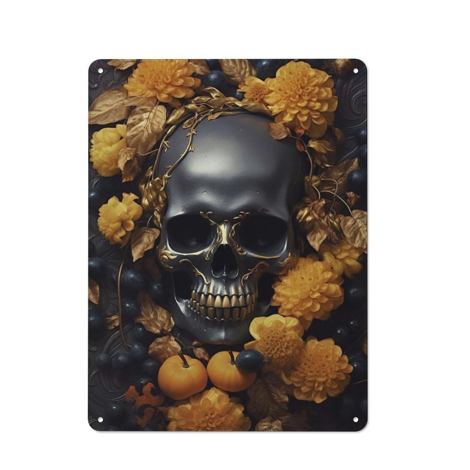 Junmoney Black Skull Golden Flowers Tin Sign 40X30cm For Workshop Wall, Retro Wall Decor, Suited To Metal Sign Collectors