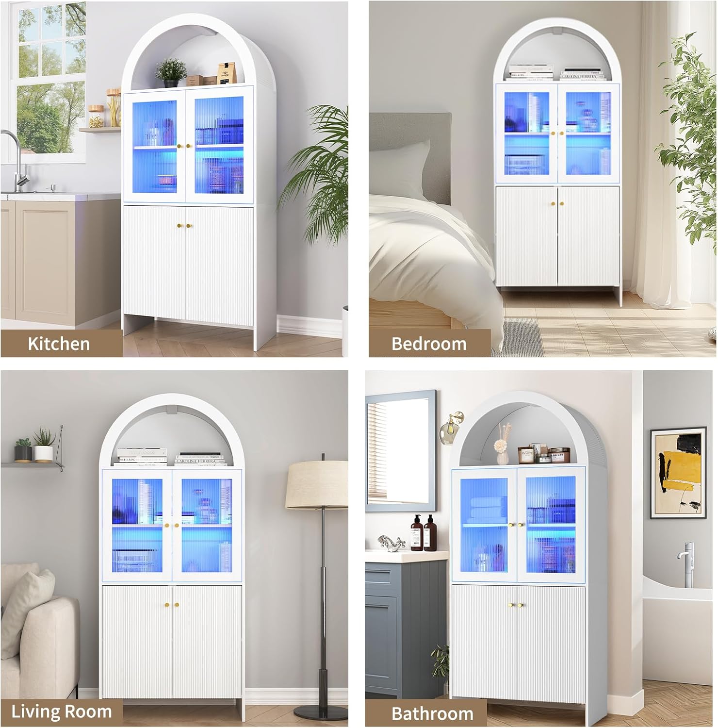 Tall Arched Kitchen Pantry Cabinet, 69'' Fluted Storage Cabinet with Led Light and Glass Door,Versatile Cupboard with Adjustable Shelf for Kitchen, Dining Room, Bathroom