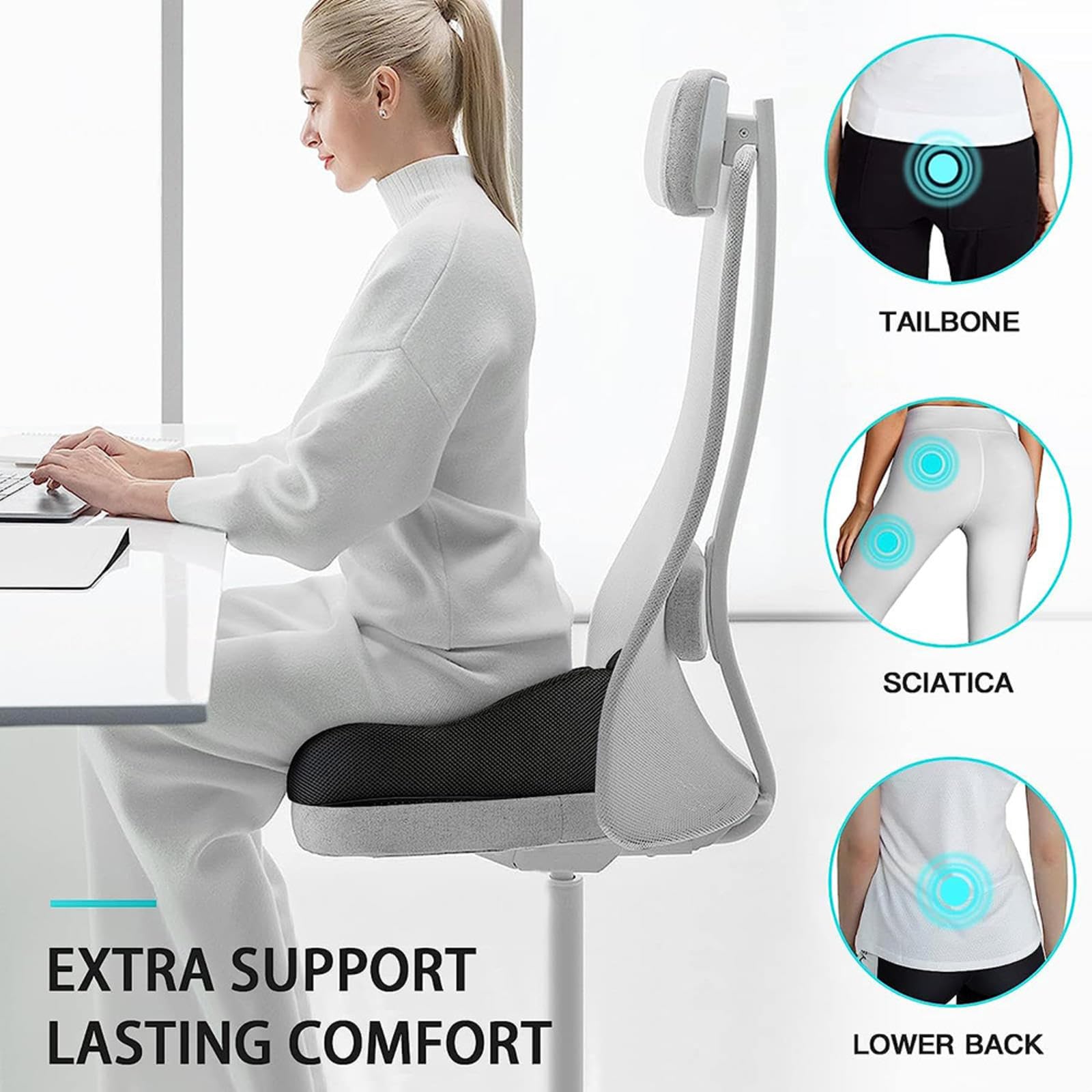 Cuscino ergonomico per Sedia, Cuscino per Sciatica Lavabile ergonomico, Cuscino a Cuneo per Sedia per Anca, coccige, coccige, Sciatica, A-Nero