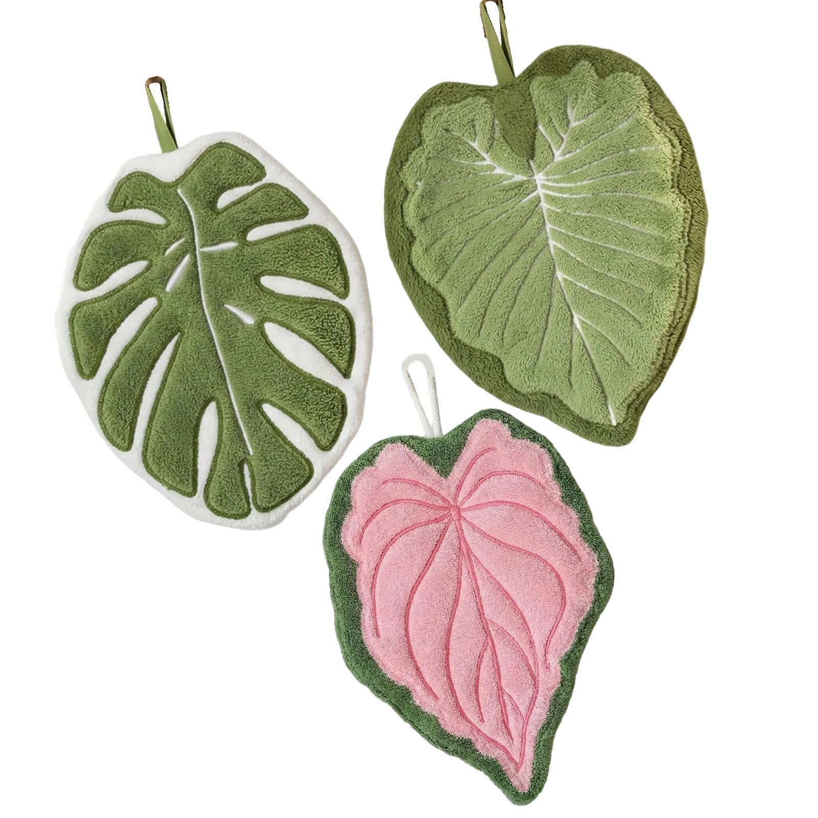 Ljmyy Pack of 3 Leaves Shape Hanging Towels Soft Corals Fleece Absorbent Hand Towel with Loop for Kitchen & Bathroom Decoratio