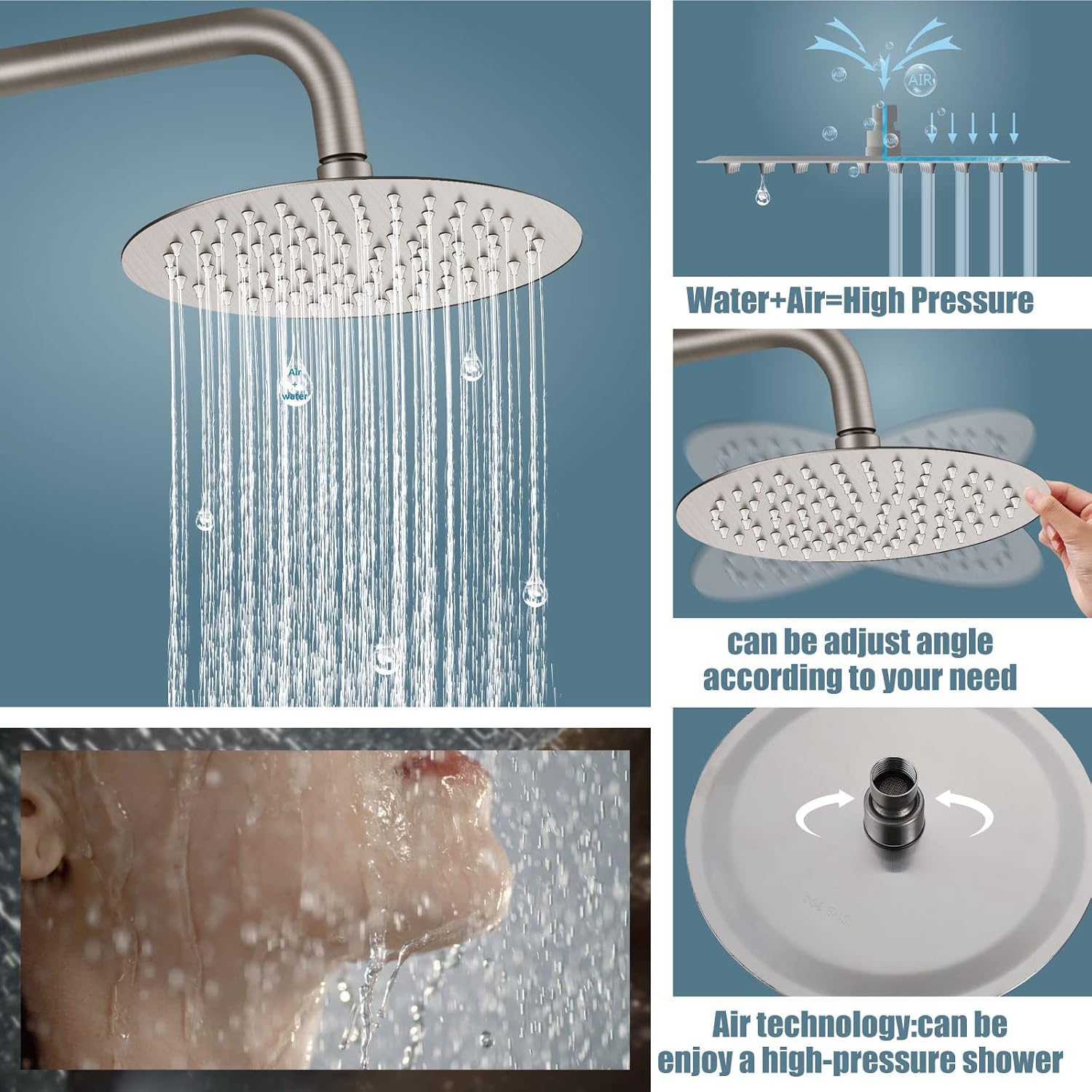 Aolemi Outdoor Shower Faucet SUS304 Triple Function Brushed Nickel Wall Mounted Stainless Steel Shower Fixture Kit with Hand Spray 8" Rain Shower Head
