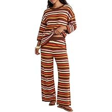 Tankaneo Womens Striped 2 Piece Sets Oversized Sweater and Wide Leg Pants