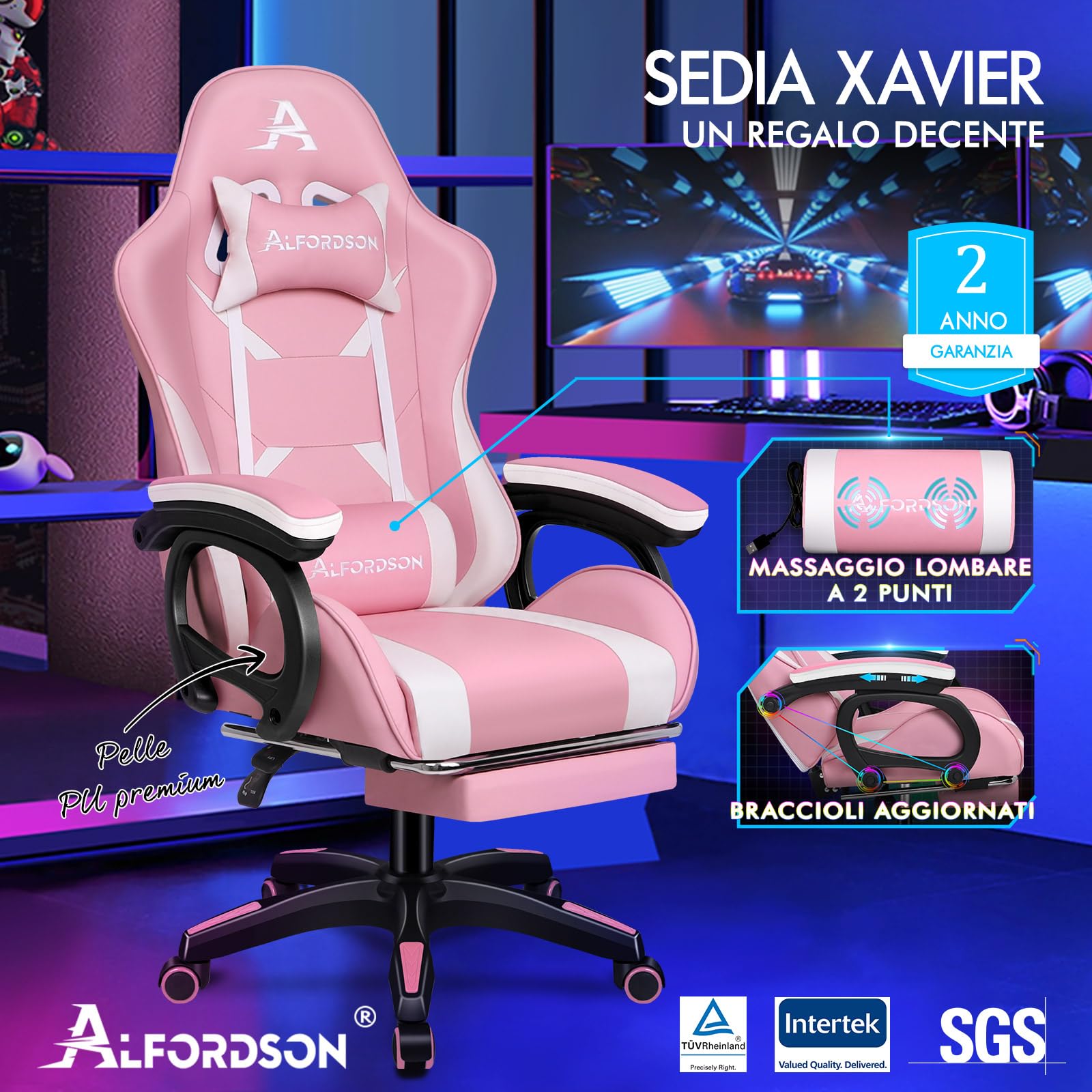 ALFORDSON Sedia da Gaming, Sedile Gamer con Supporto Lombare Massaggiante, Sedia da gioco Ergonomica Girevole con Poggiatesta, Regolabile in Altezza, Pelle PU, Rosa