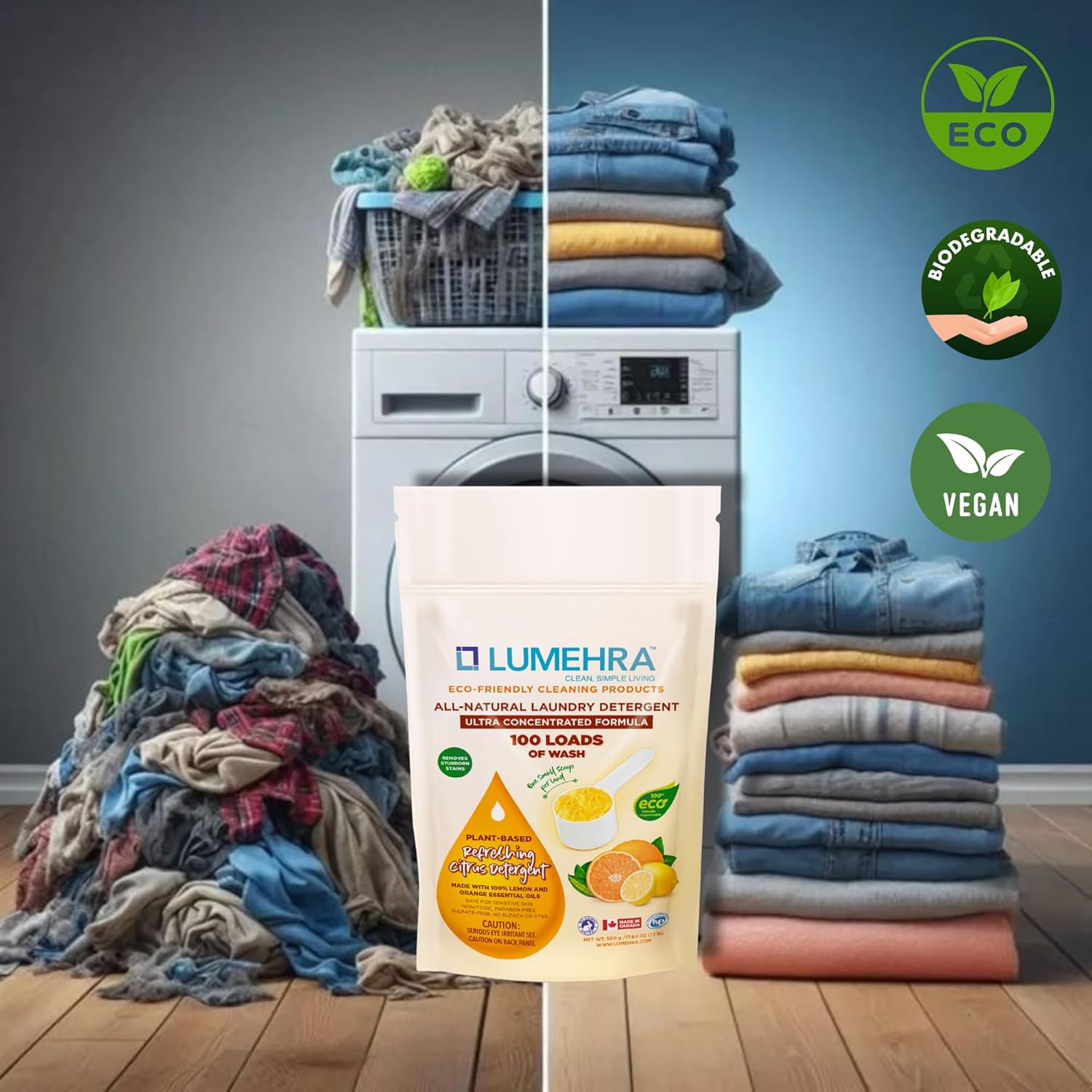 Natural Laundry Detergent Non-Toxic Laundry Detergent Powder Made with Refreshing Citrus Gentle on Sensitive Skin 500g 100 Loads Ultra Concentrated Made in Canada