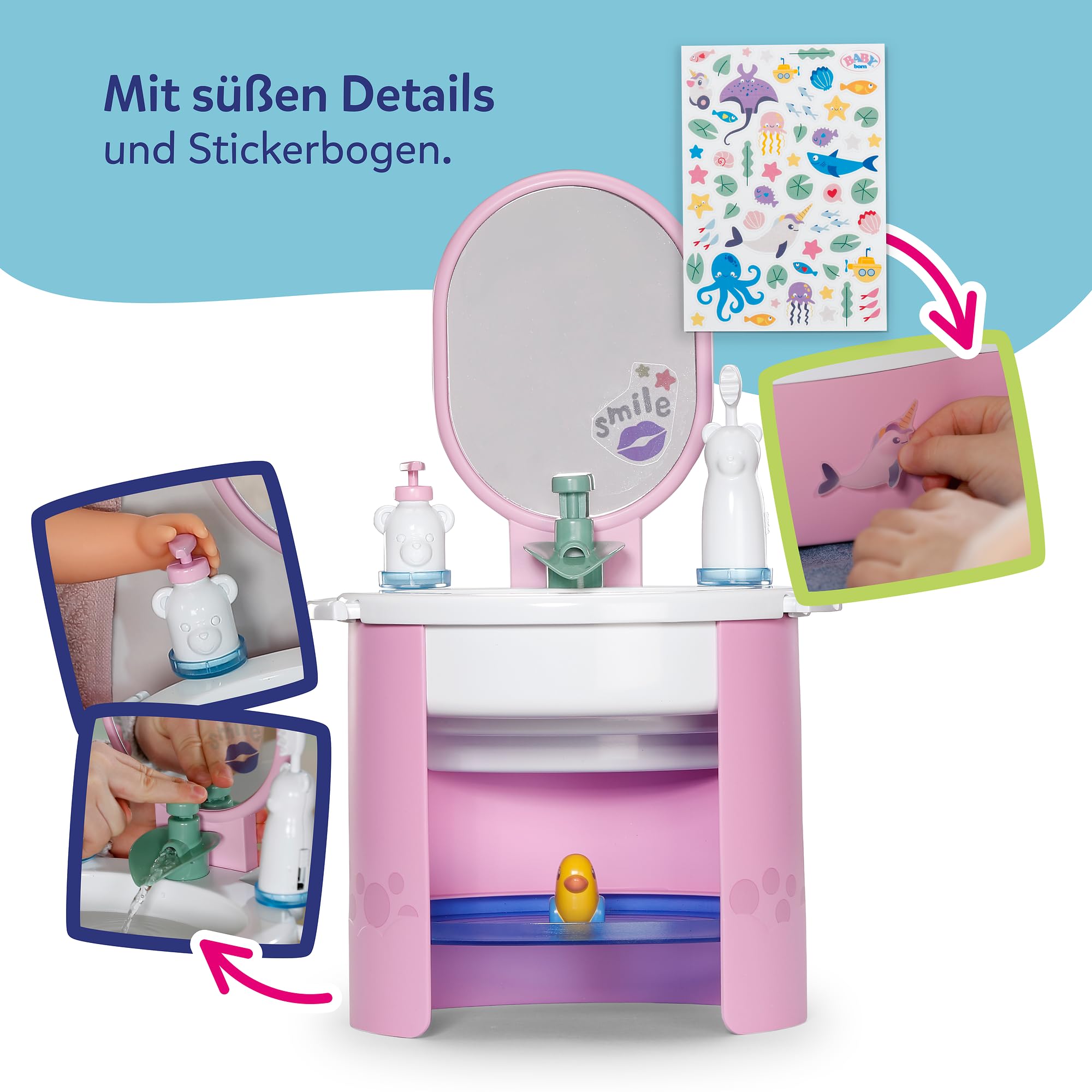 BABY Born Handwaschbecken, Puppenwaschtisch für 36cm und 43cm Puppen inkl. Zahnbürste und Seifenspender, funktioniert mit Wasser, Keine Batterien benötigt