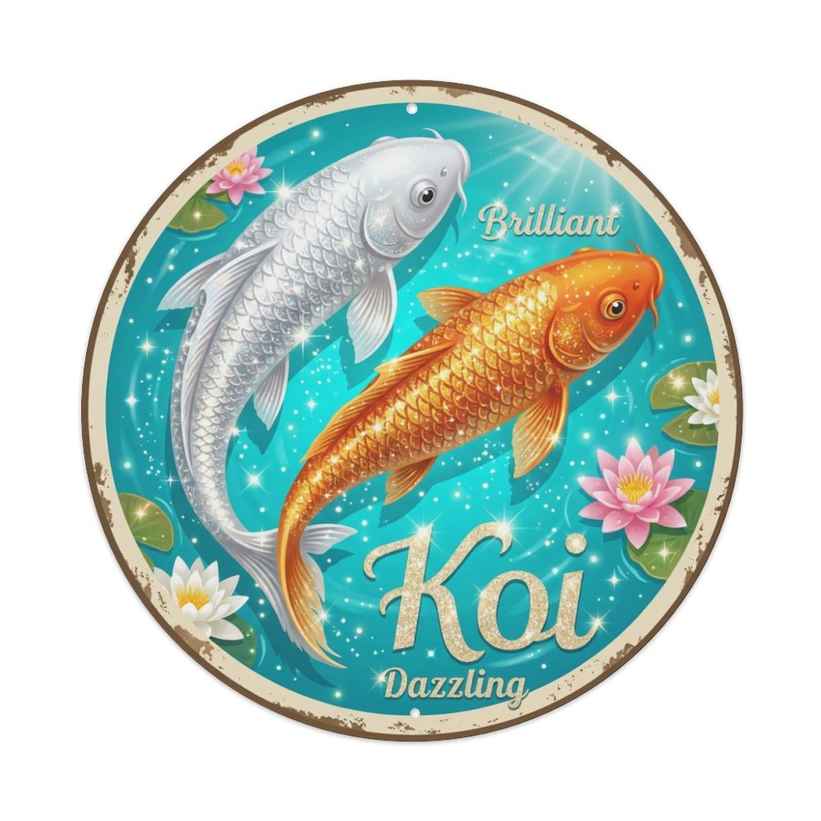 Fyrn Style Metal Tin Sign Koi Fish Dazzling Sparkle Japanese Vintage