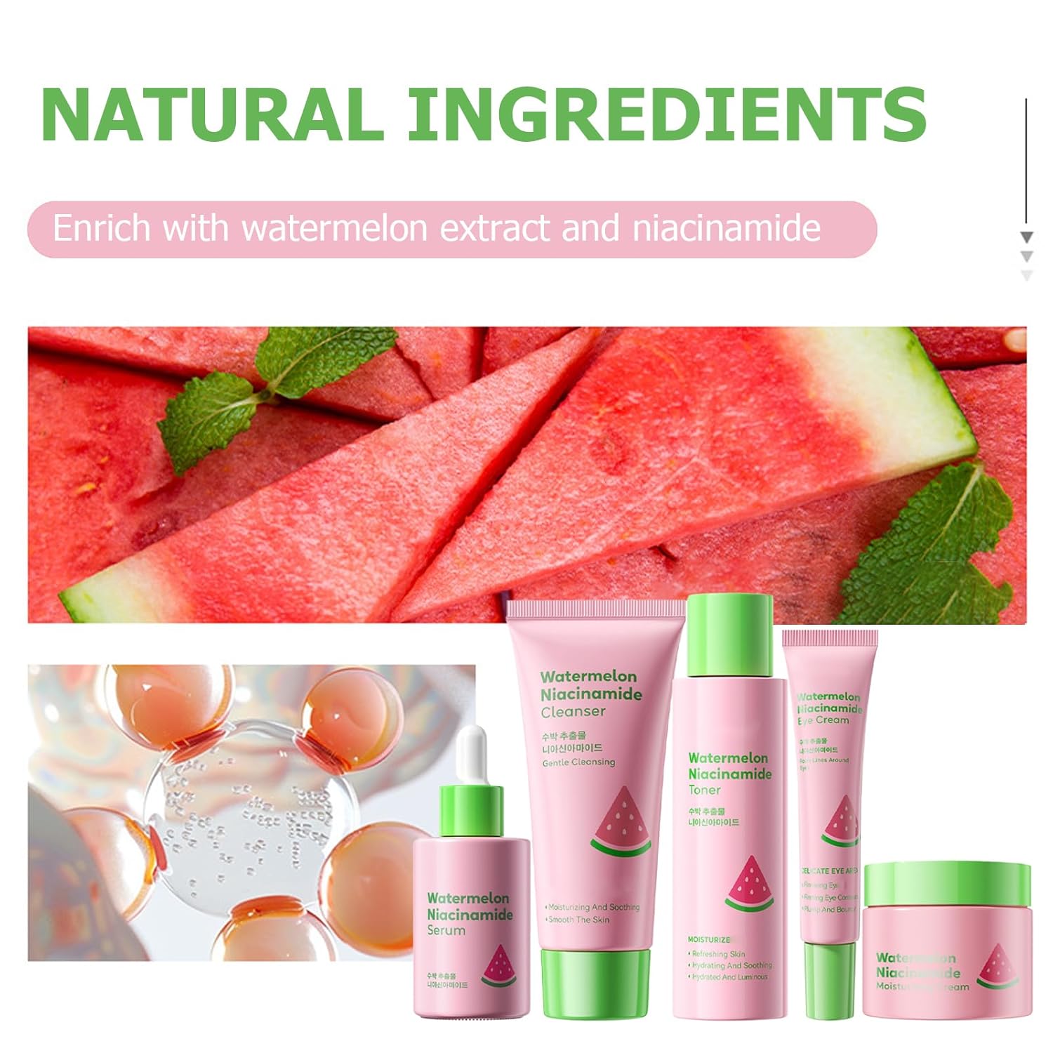 Watermelon Niacinamide Skin Care Set, Skin Care For Kids & Girls With Cleanser,Toner,Eye Cream,Cream,Serum,Headbeand & 2PCS Guasha, Skincare For Girls 10-12, Routine Beauty Skin Care For Teens Gift