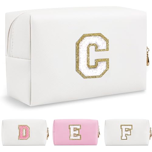 Small Personalized Initial A-Z Preppy Patch Makeup Bag,White PU Chenille Letter Travel Cosmetic Pouch with Zipper,Cute Toiletry Bag,Gift Ideal for Teen Girls Women Teacher Bridesmaid,Letter C