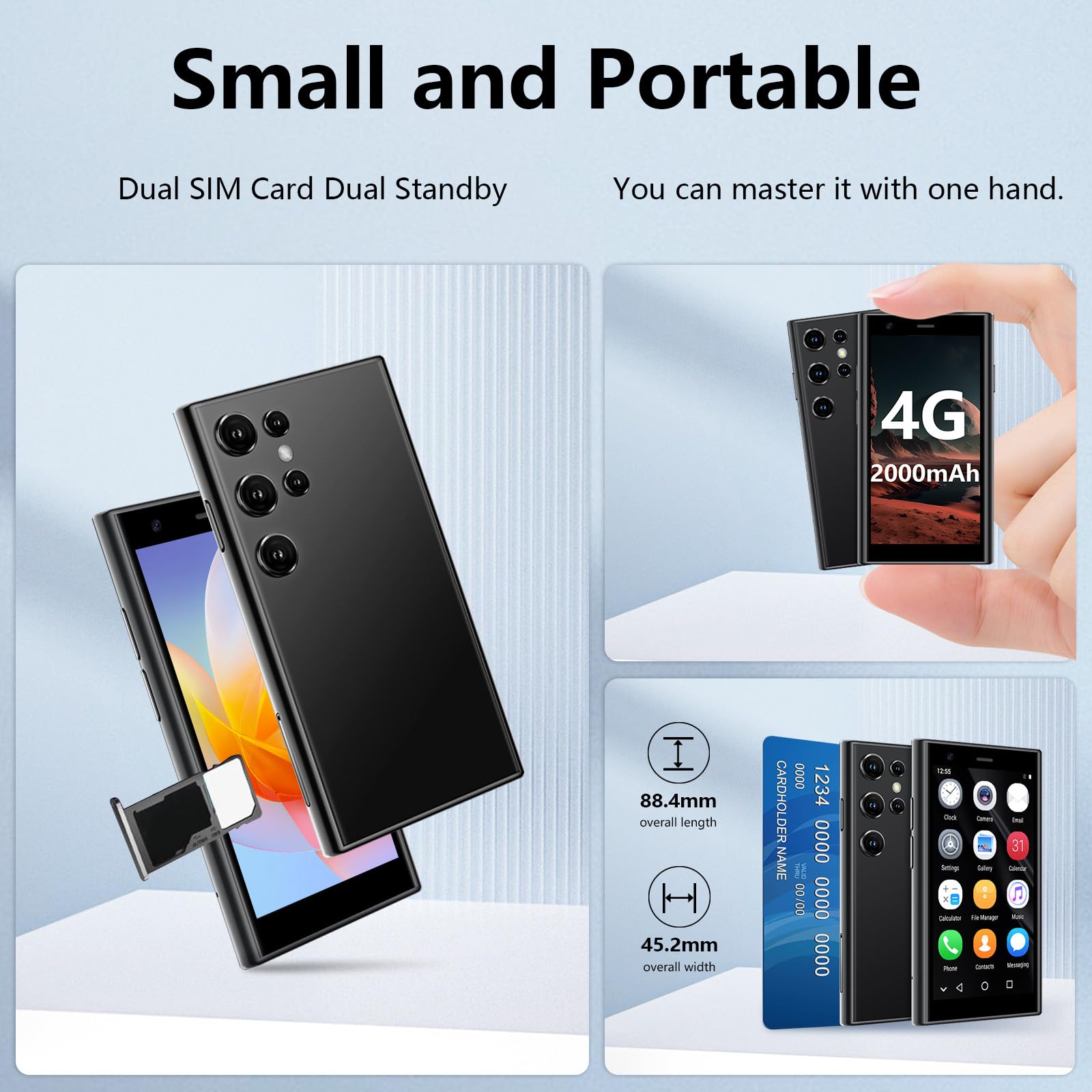 ATEVENSE 4G Ultra mini-smartphone, 3,0 inch HD-scherm, dual sim, 2000 mAh batterij, gezichtsherkenning, ontgrendelde kleine smartphone, grote mobiele telefoon voor kinderen, groen