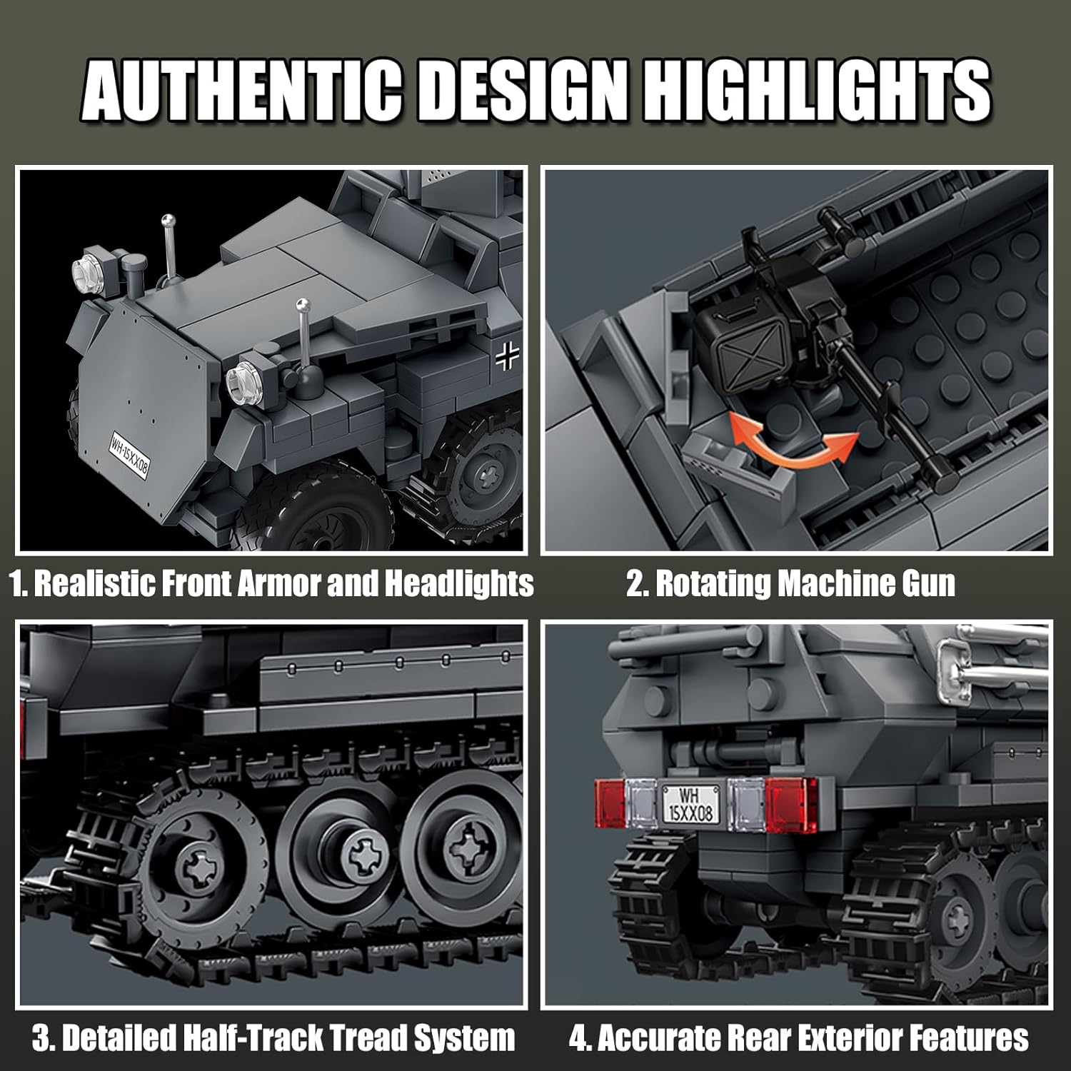 WWII-Era Half-Track Military Vehicle Building Block Set, Compatible with Lego, Armored Transport Model Kit with Rotating Machine Gun for Adults & Teens (436 Pieces)