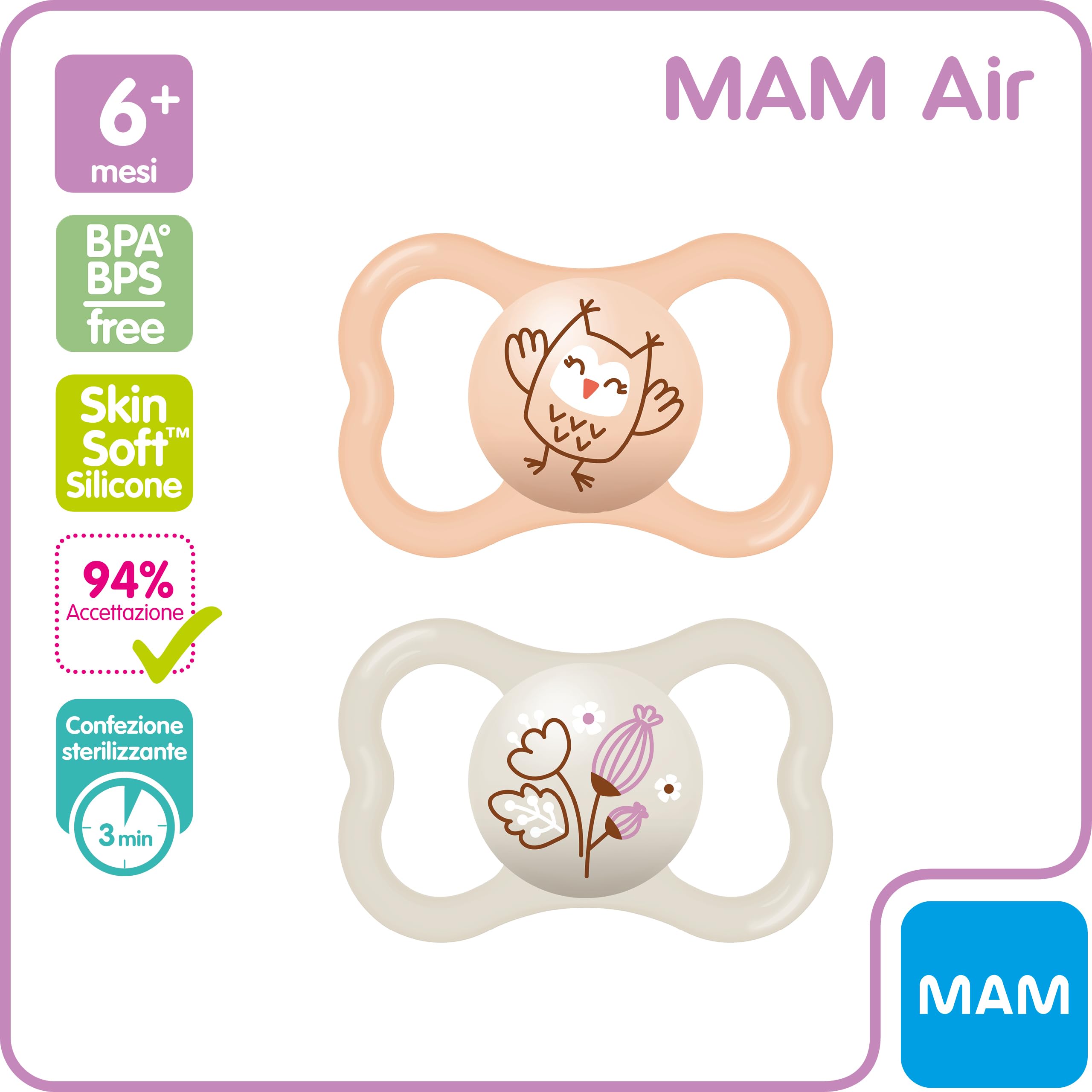 MAM Air Ciuccio in Set da 2, in Silicone Skinsoft con Custodia Porta Succhietto, 6-16 Mesi, Rosa